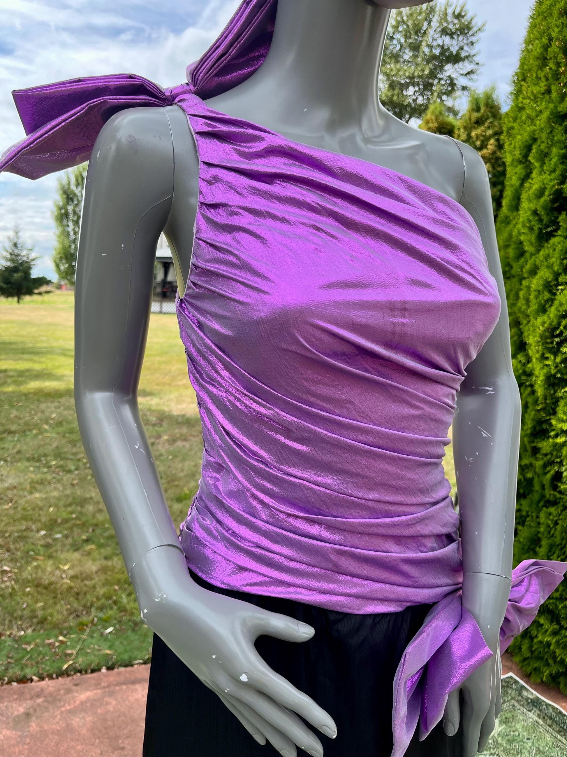 Vintage 80s Metallic Purple & Black One Shoulder Party Dress