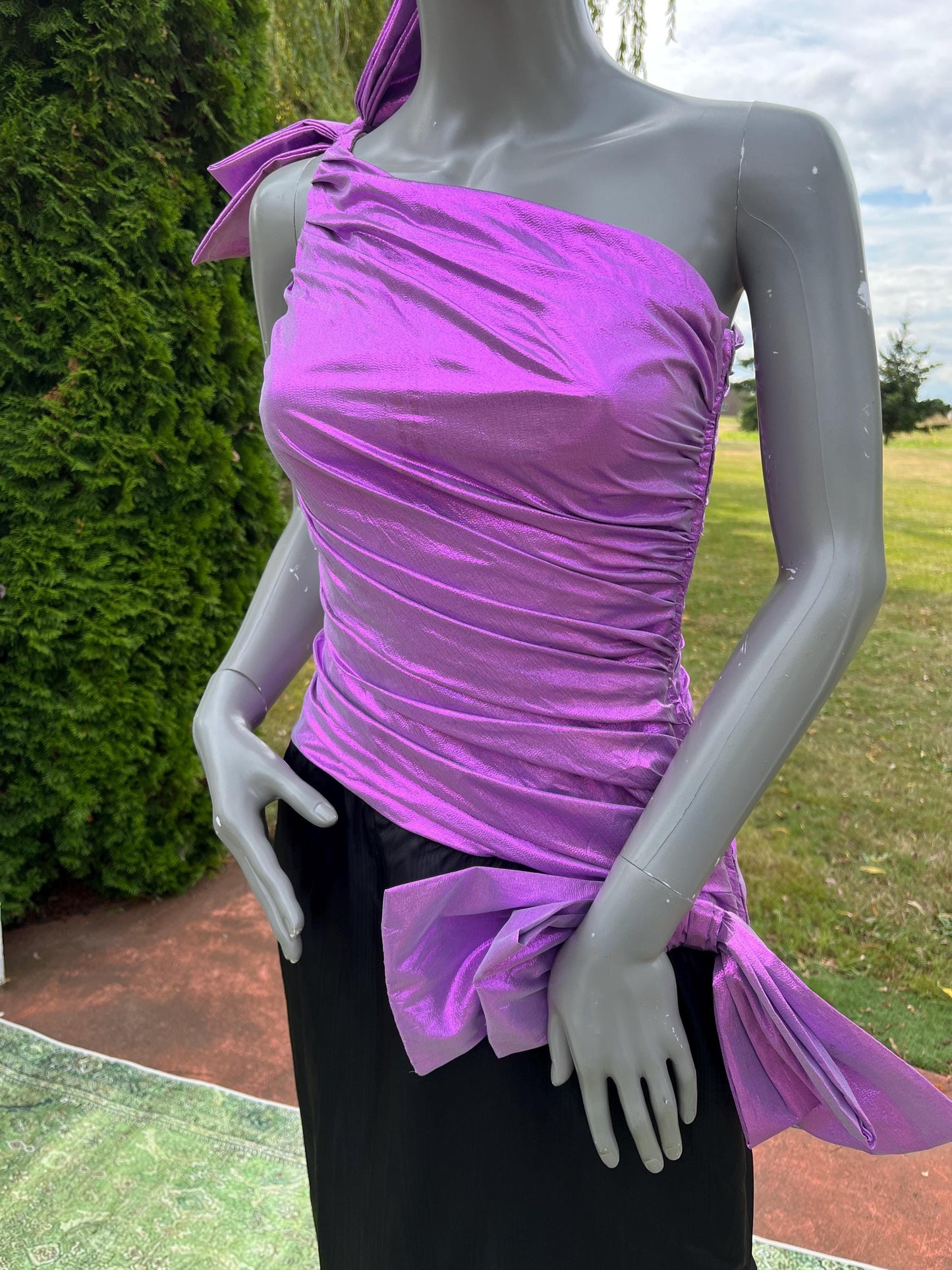 Vintage 80s Metallic Purple & Black One Shoulder Party Dress