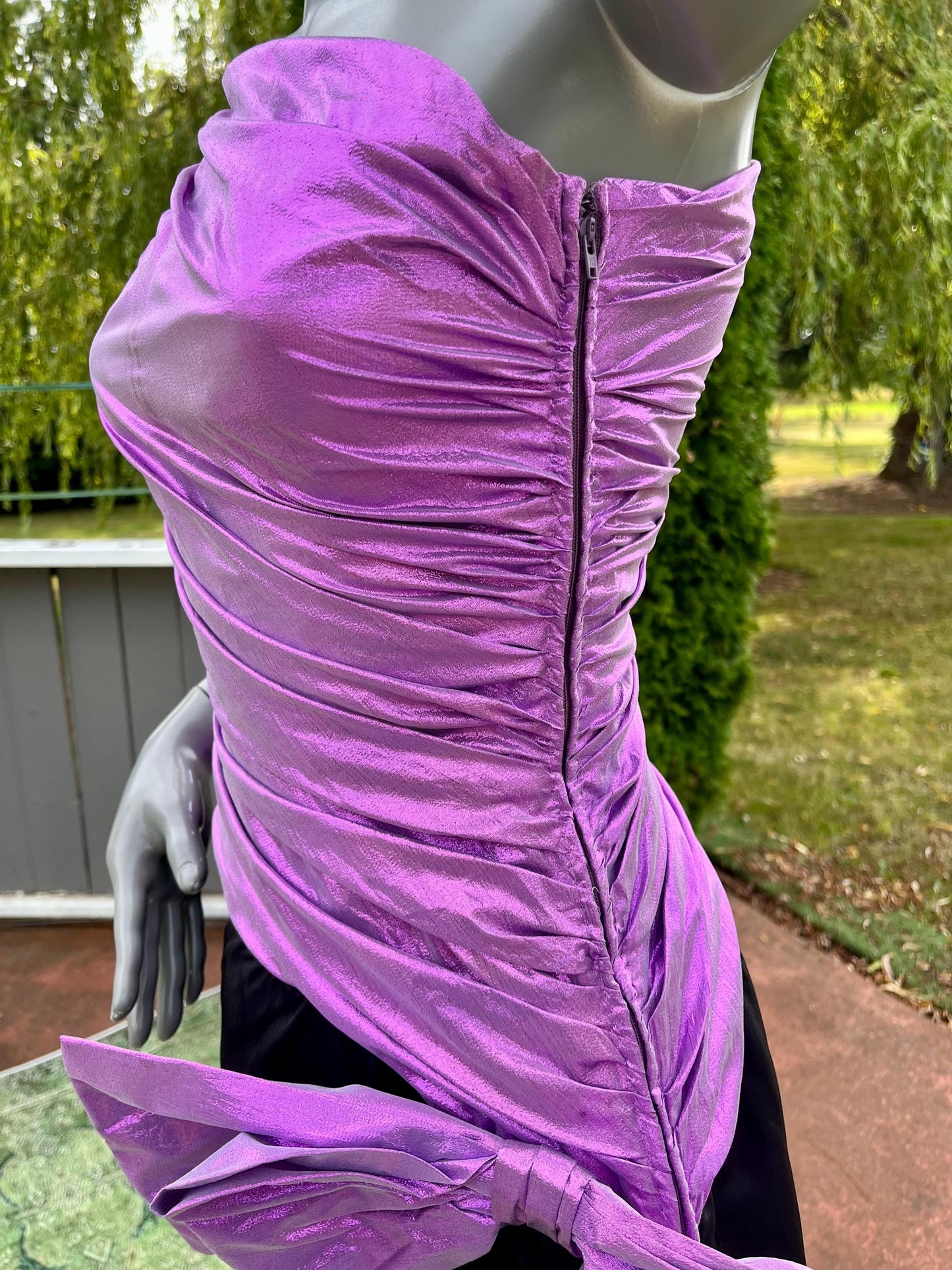 Vintage 80s Metallic Purple & Black One Shoulder Party Dress