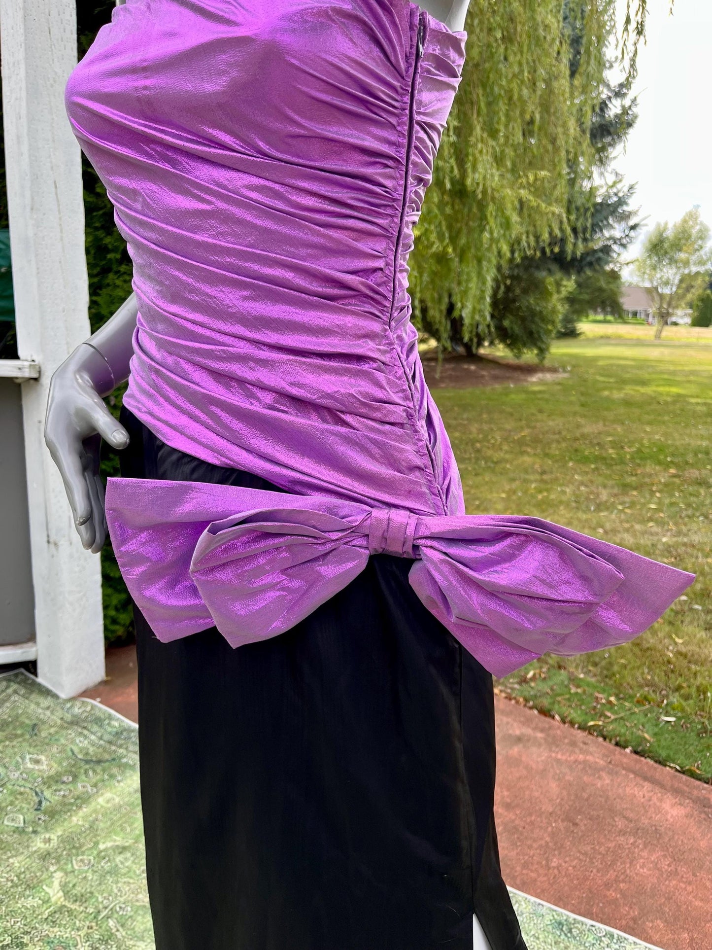 Vintage 80s Metallic Purple & Black One Shoulder Party Dress