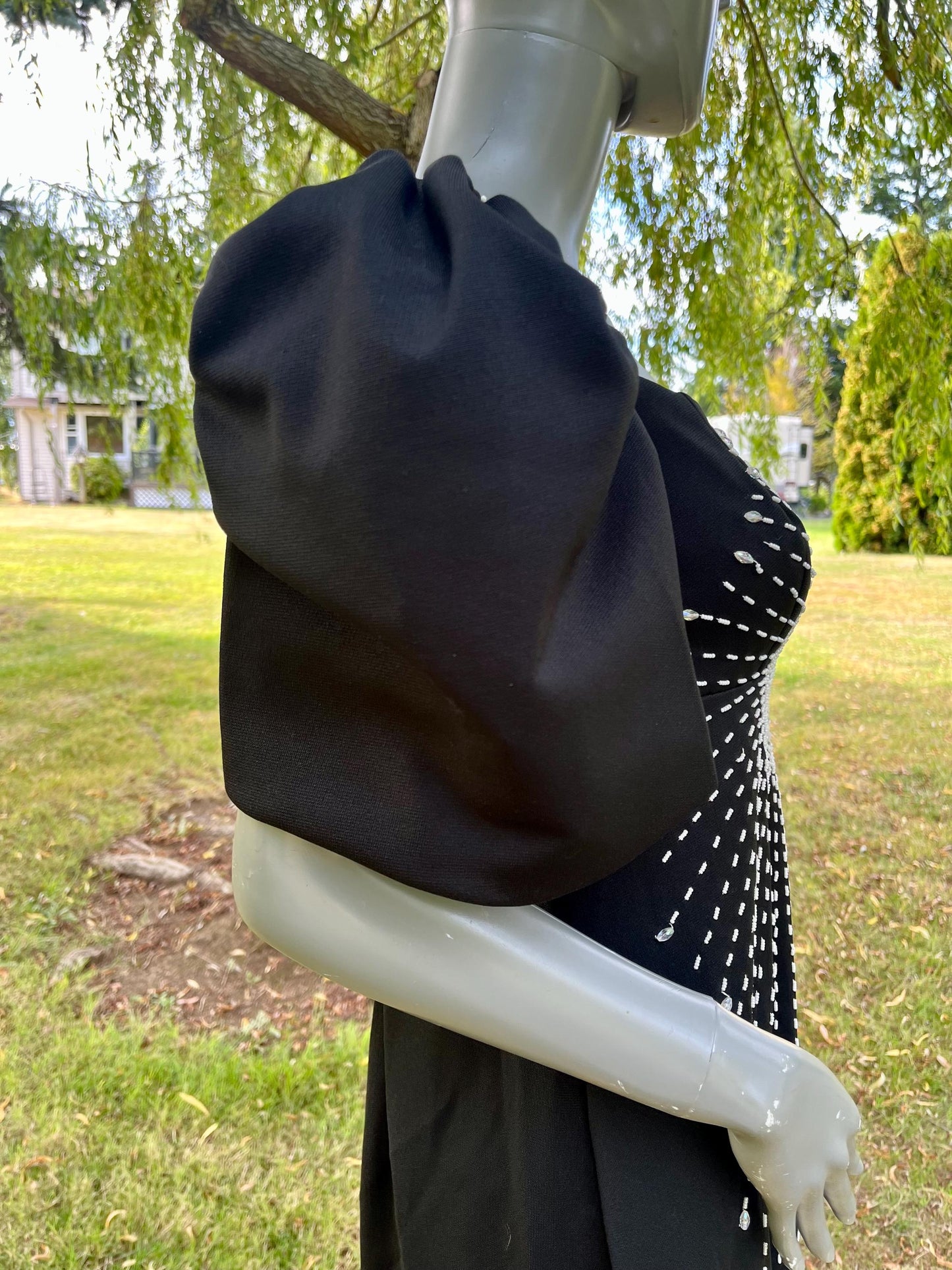 Vintage 1980s Black Puff Sleeve Gown with Beaded Sunburst