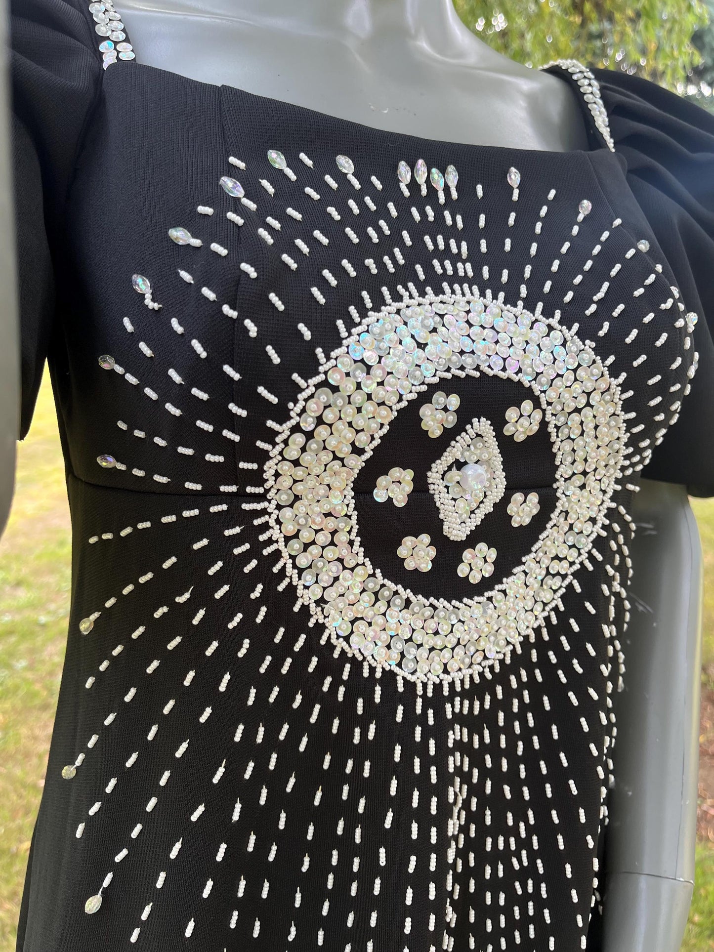 Vintage 1980s Black Puff Sleeve Gown with Beaded Sunburst