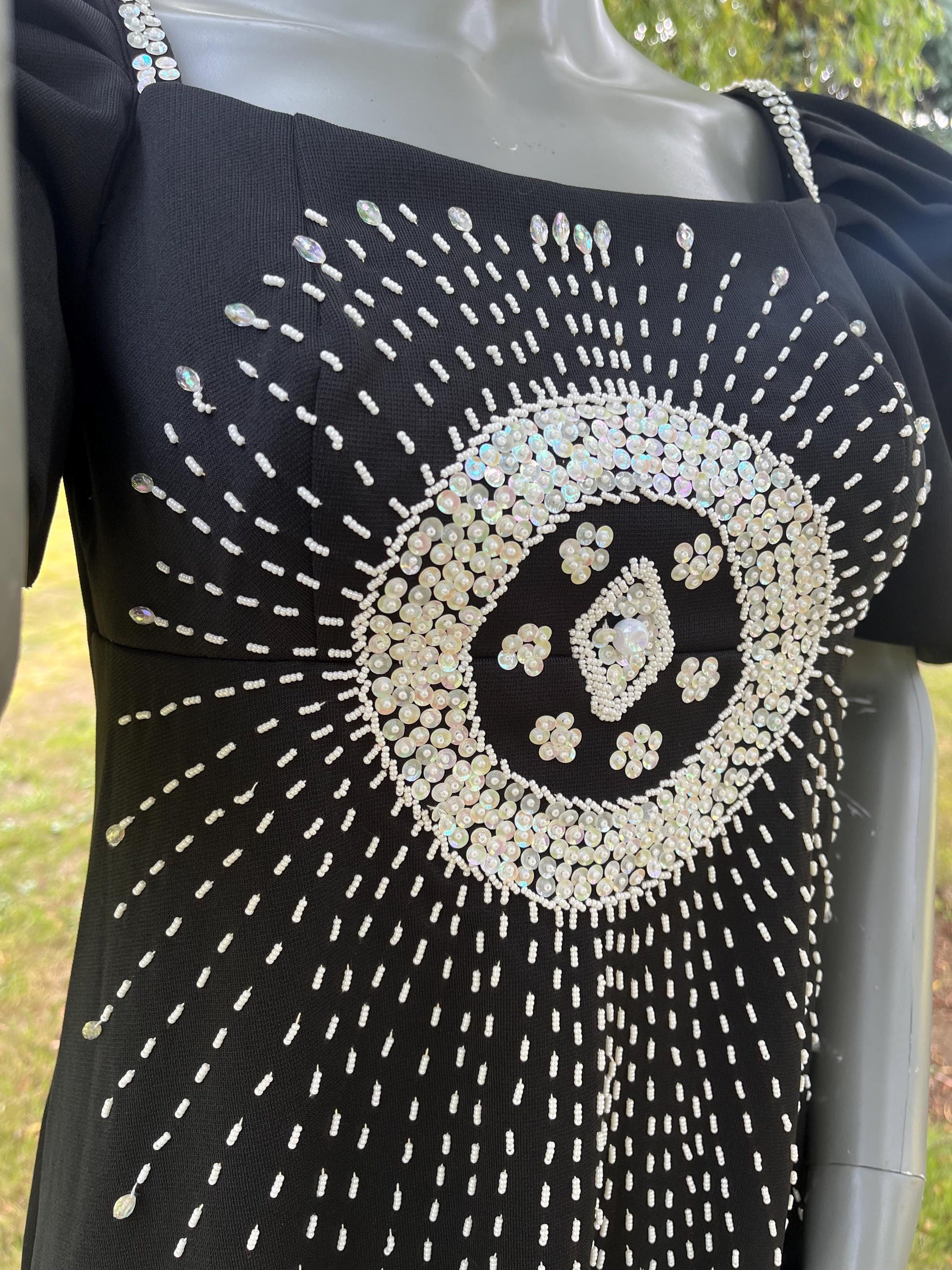 Vintage 1980s Black Puff Sleeve Gown with Beaded Sunburst