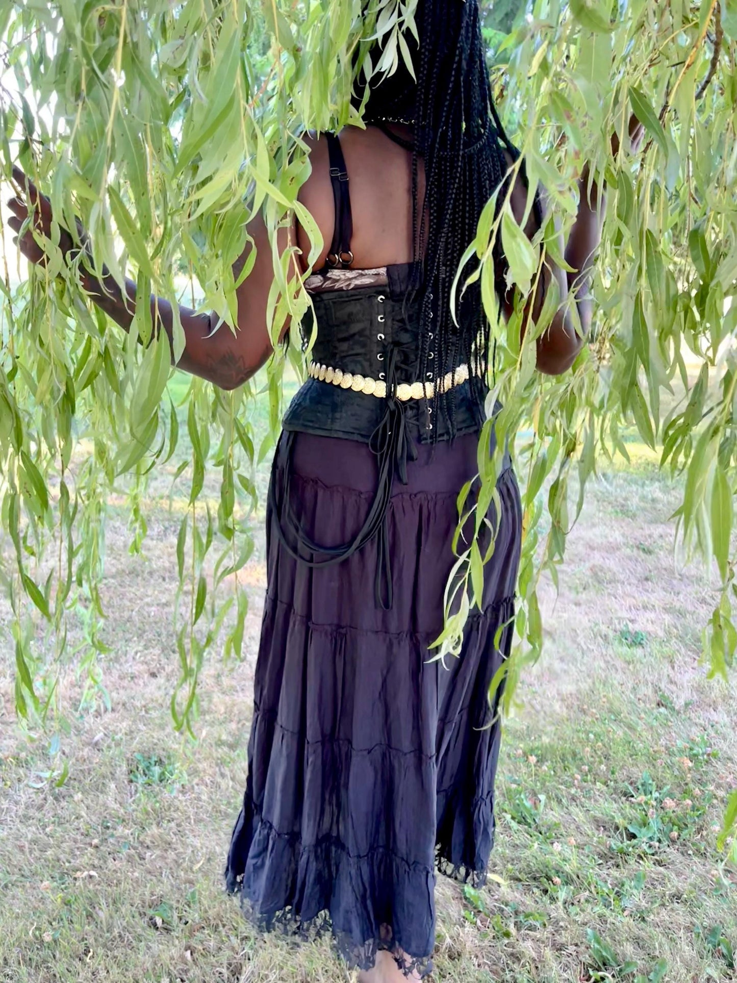 Enchanting Black Tiered Maxi Skirt With Lace and Gold Sequins