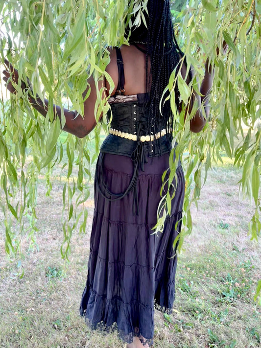 Enchanting Black Tiered Maxi Skirt With Lace and Gold Sequins