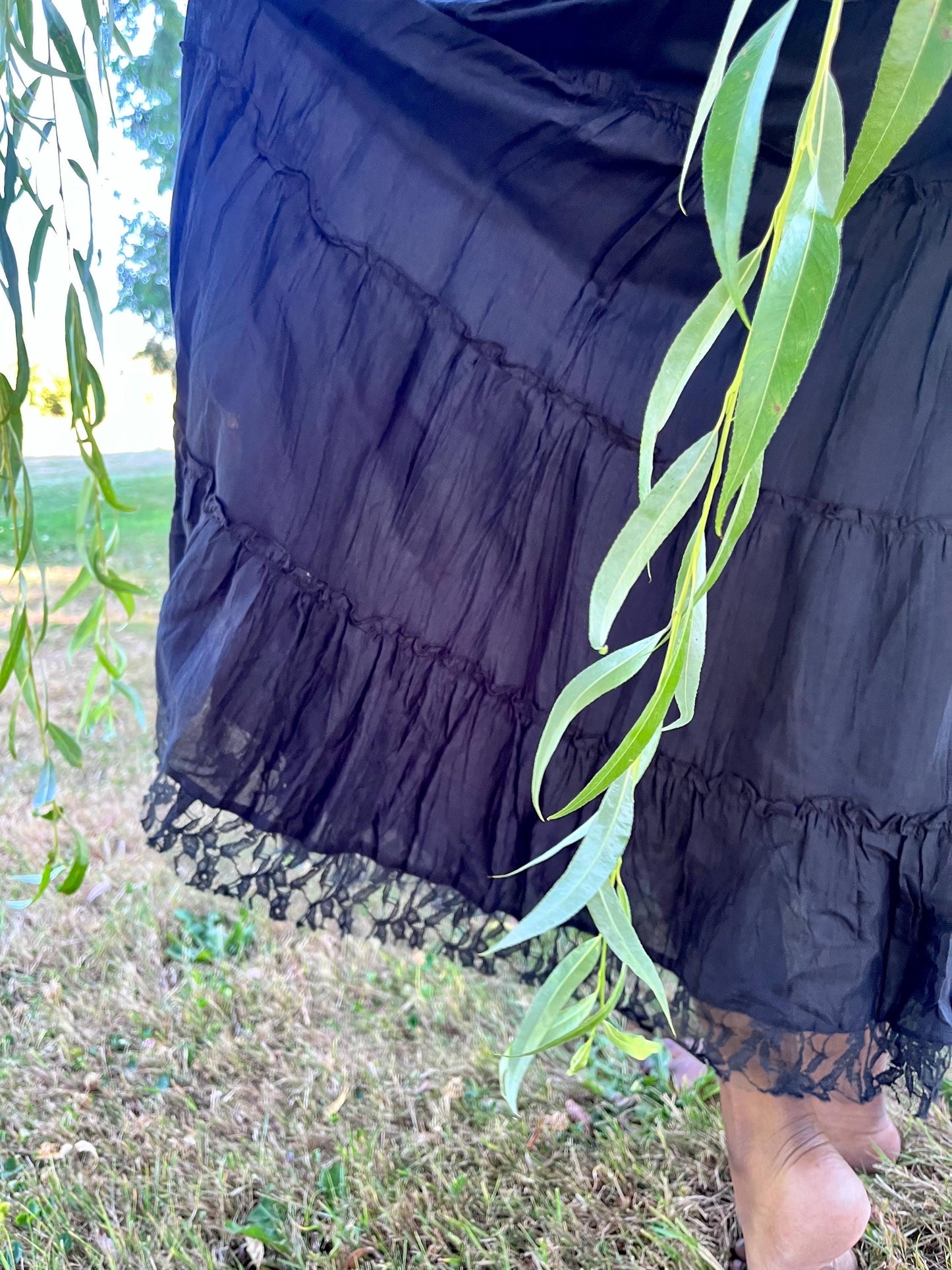 Enchanting Black Tiered Maxi Skirt With Lace and Gold Sequins