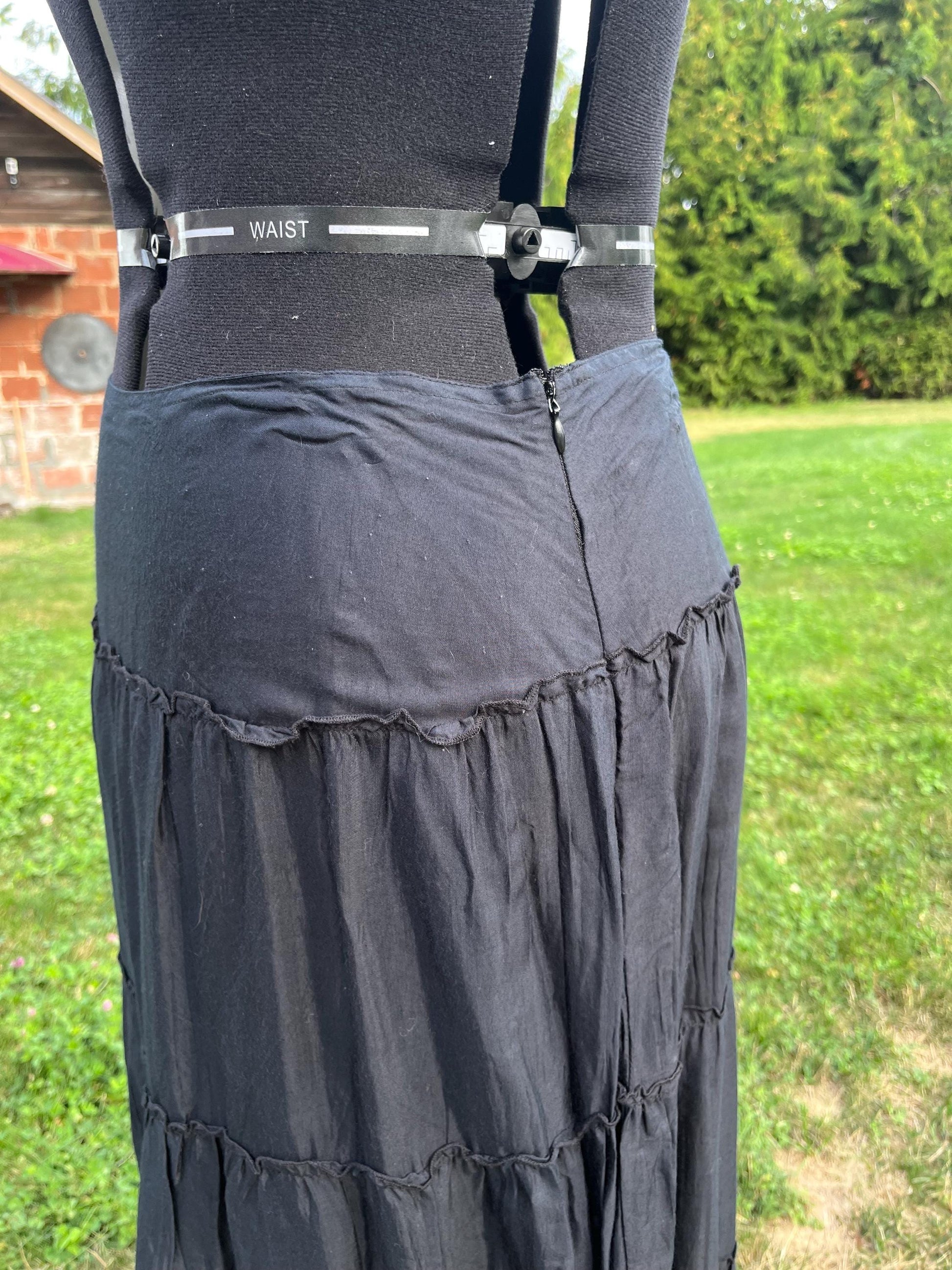 Enchanting Black Tiered Maxi Skirt With Lace and Gold Sequins