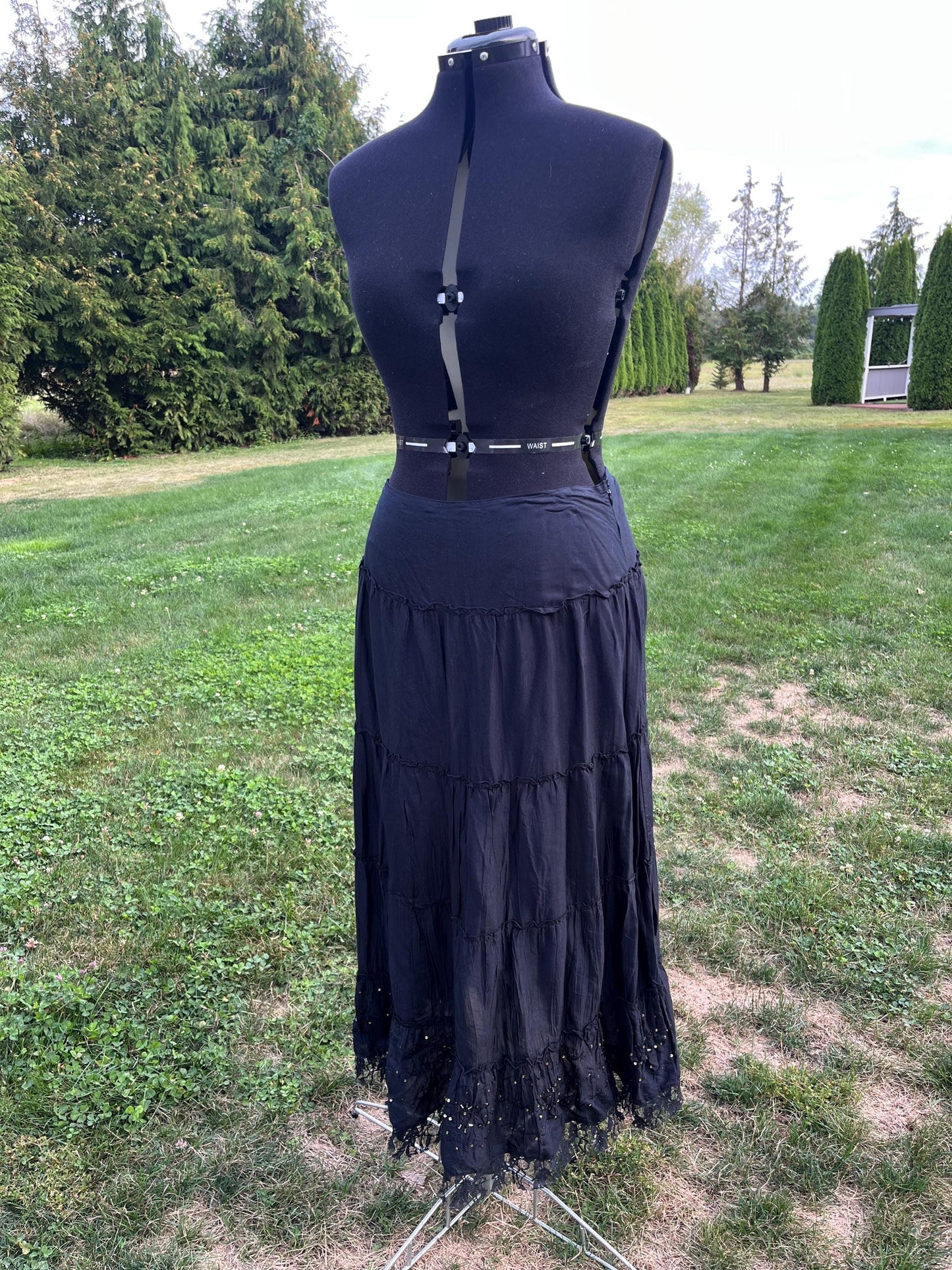 Enchanting Black Tiered Maxi Skirt With Lace and Gold Sequins