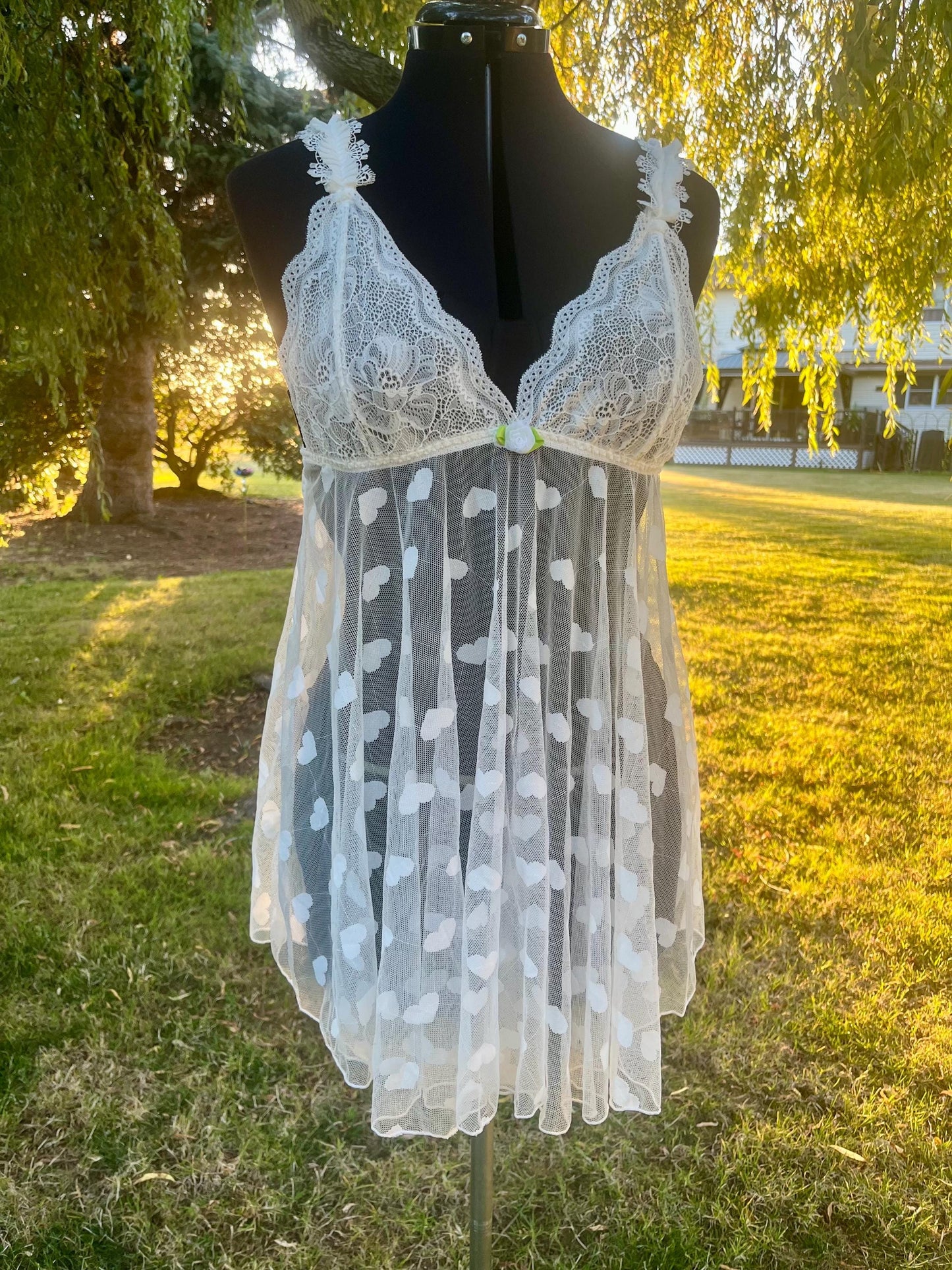 White Lace & Mesh Babydoll Lingerie With Hearts