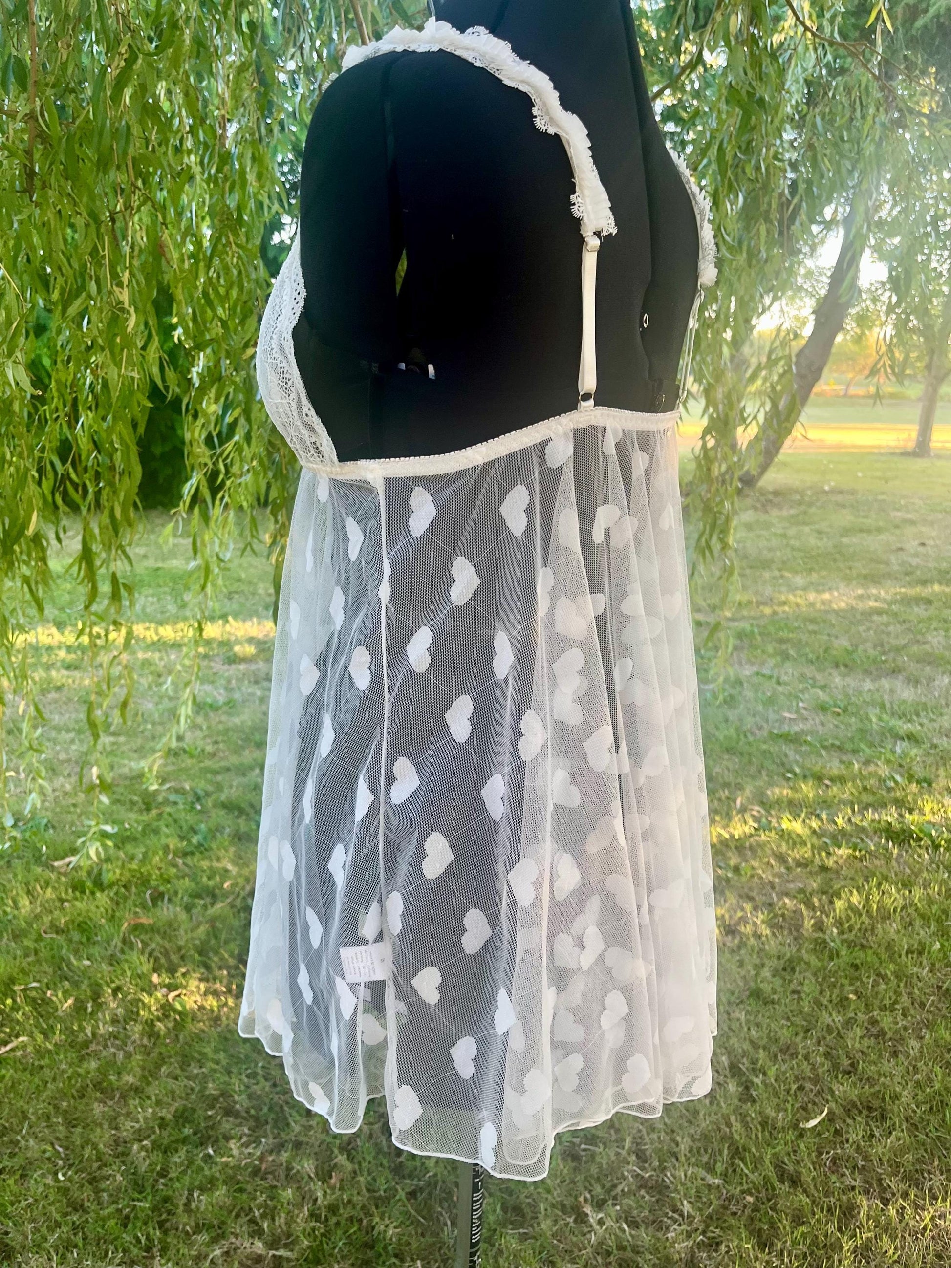 White Lace & Mesh Babydoll Lingerie With Hearts