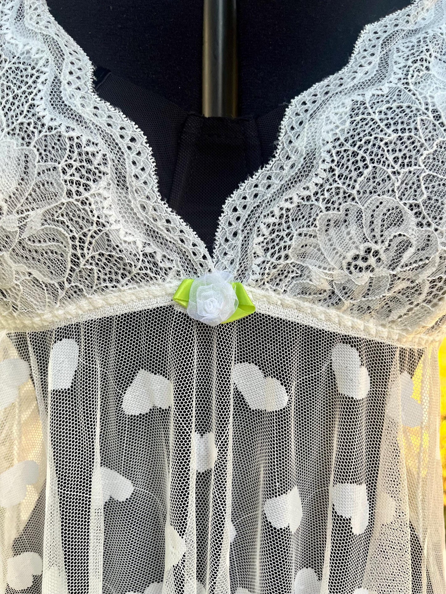 White Lace & Mesh Babydoll Lingerie With Hearts