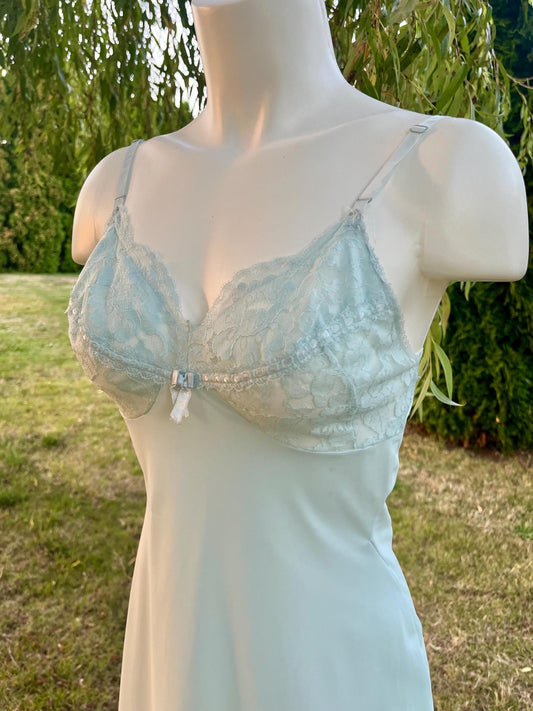 Vintage Pale Blue Lace Trim Slip Dress, Bridal Something Blue Lingerie, 90s Nightgown, Romantic Lace Trim Slip, Boudoir or Layering Dress