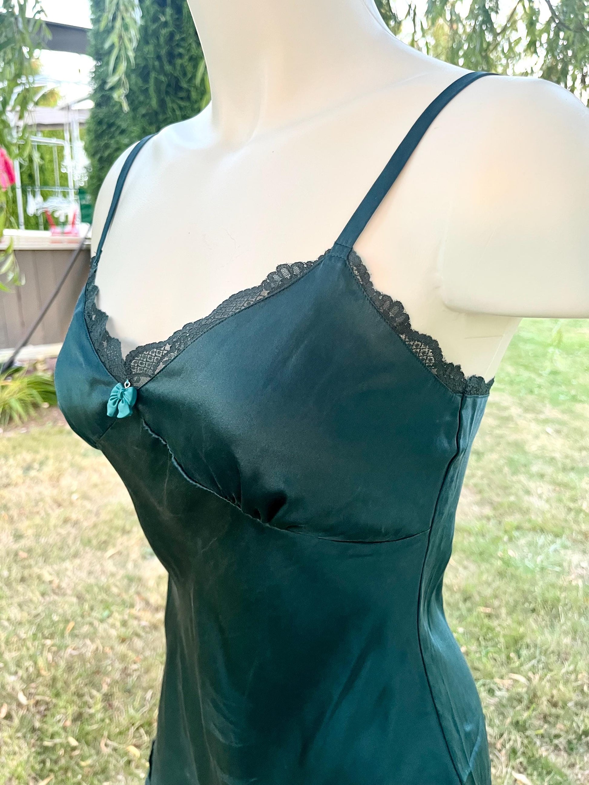 Vintage Teal Silk Slip Dress – Customized Bow Charm, Romantic Nightwear, Boudoir or Layering Slip