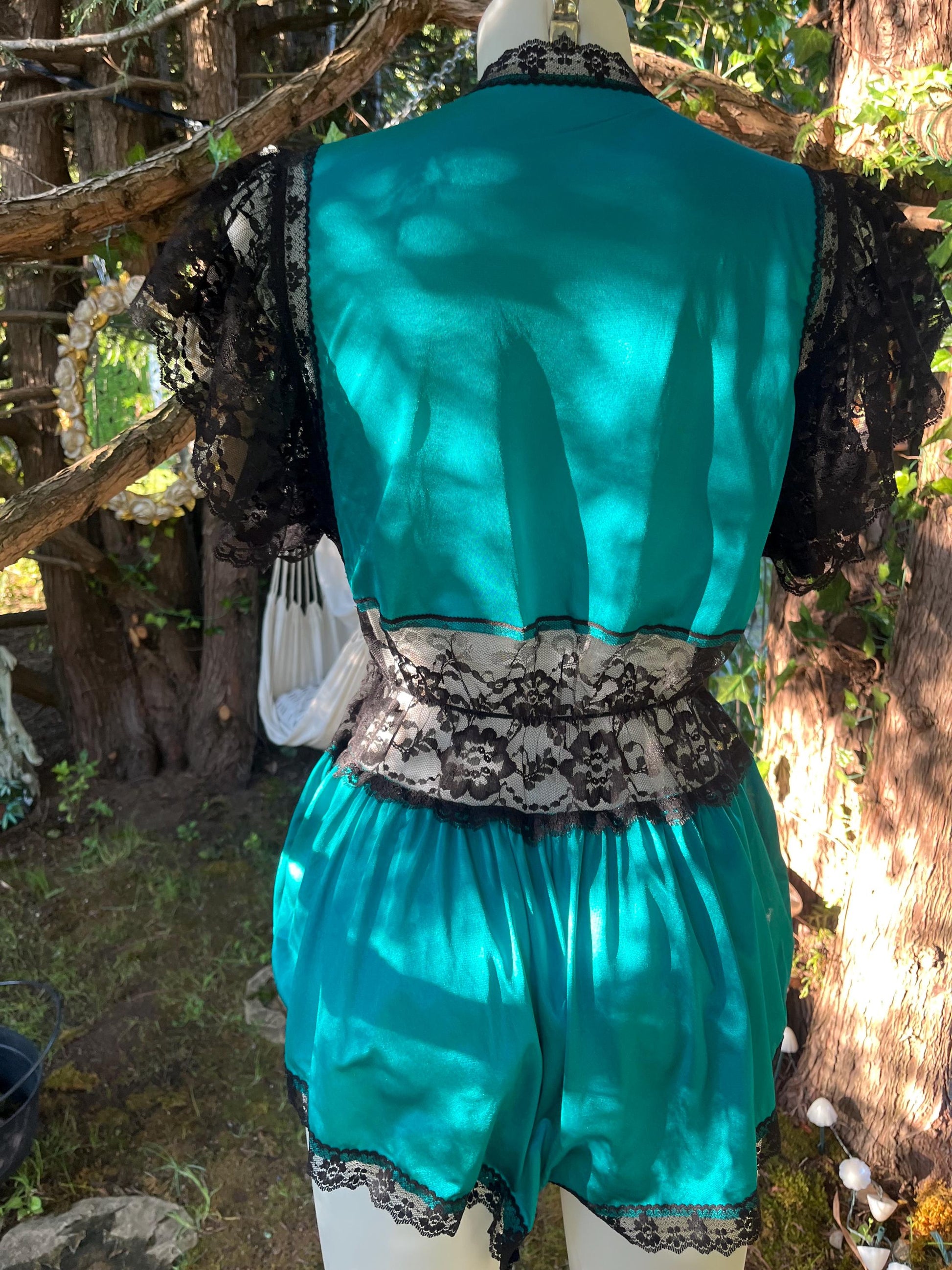 Vintage Teal & Black Lace Romper – Sheer Lingerie Teddy, 80s Boudoir Sleepwear, Dramatic Lace Sleeve One-Piece