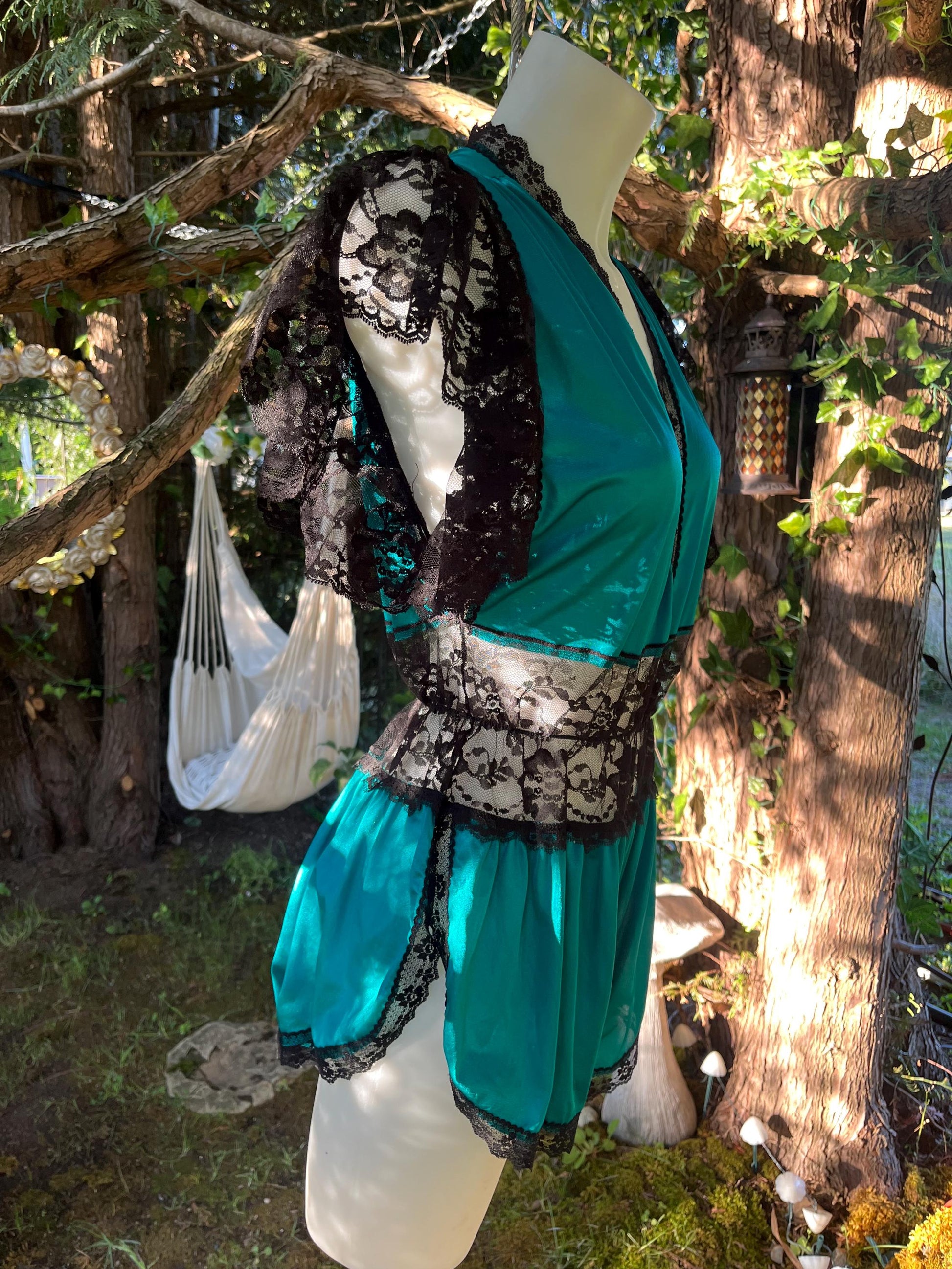 Vintage Teal & Black Lace Romper – Sheer Lingerie Teddy, 80s Boudoir Sleepwear, Dramatic Lace Sleeve One-Piece
