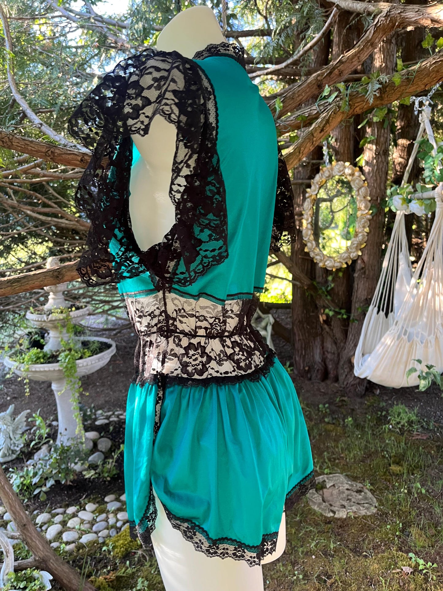 Vintage Teal & Black Lace Romper – Sheer Lingerie Teddy, 80s Boudoir Sleepwear, Dramatic Lace Sleeve One-Piece