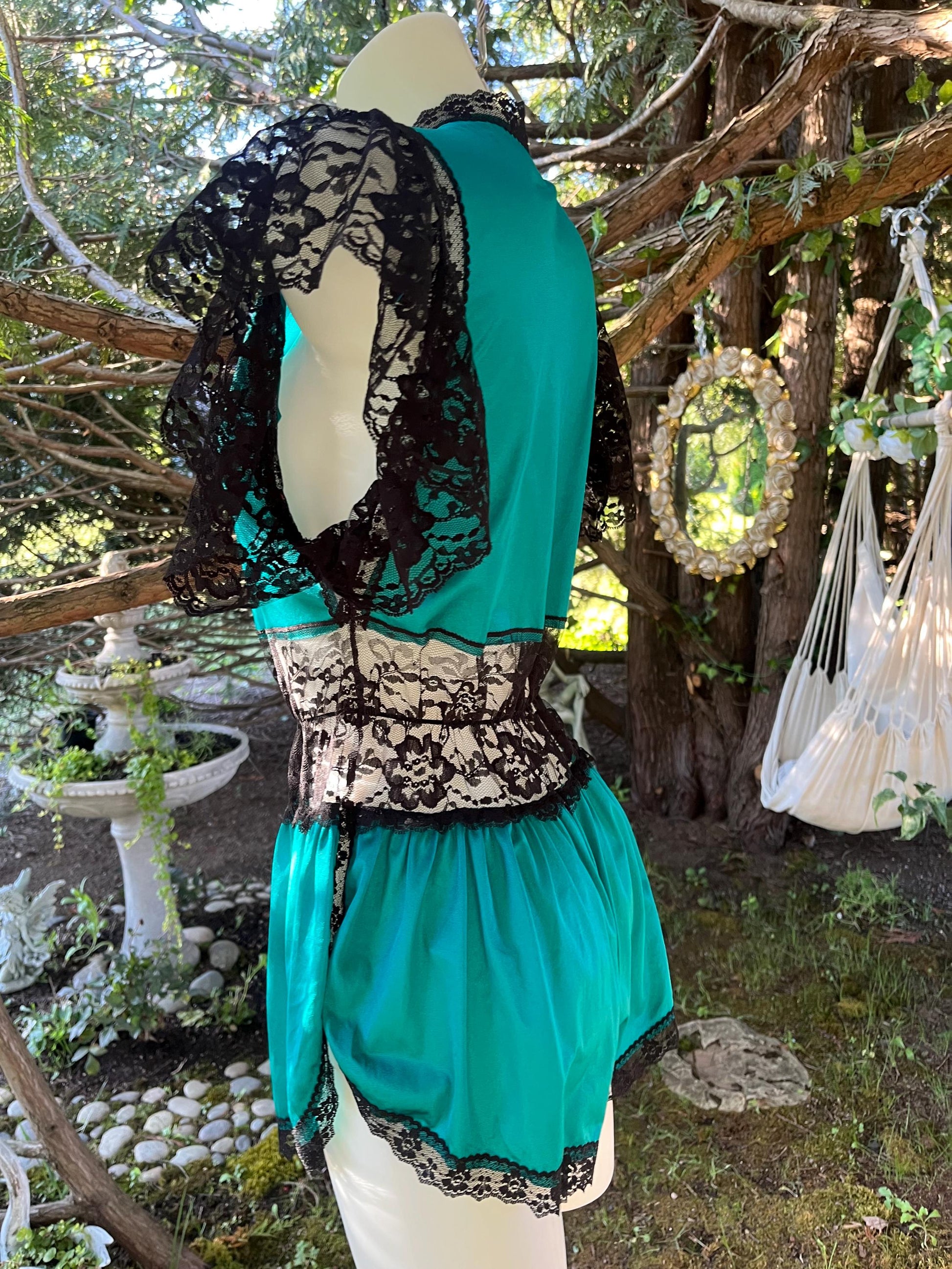 Vintage Teal & Black Lace Romper – Sheer Lingerie Teddy, 80s Boudoir Sleepwear, Dramatic Lace Sleeve One-Piece