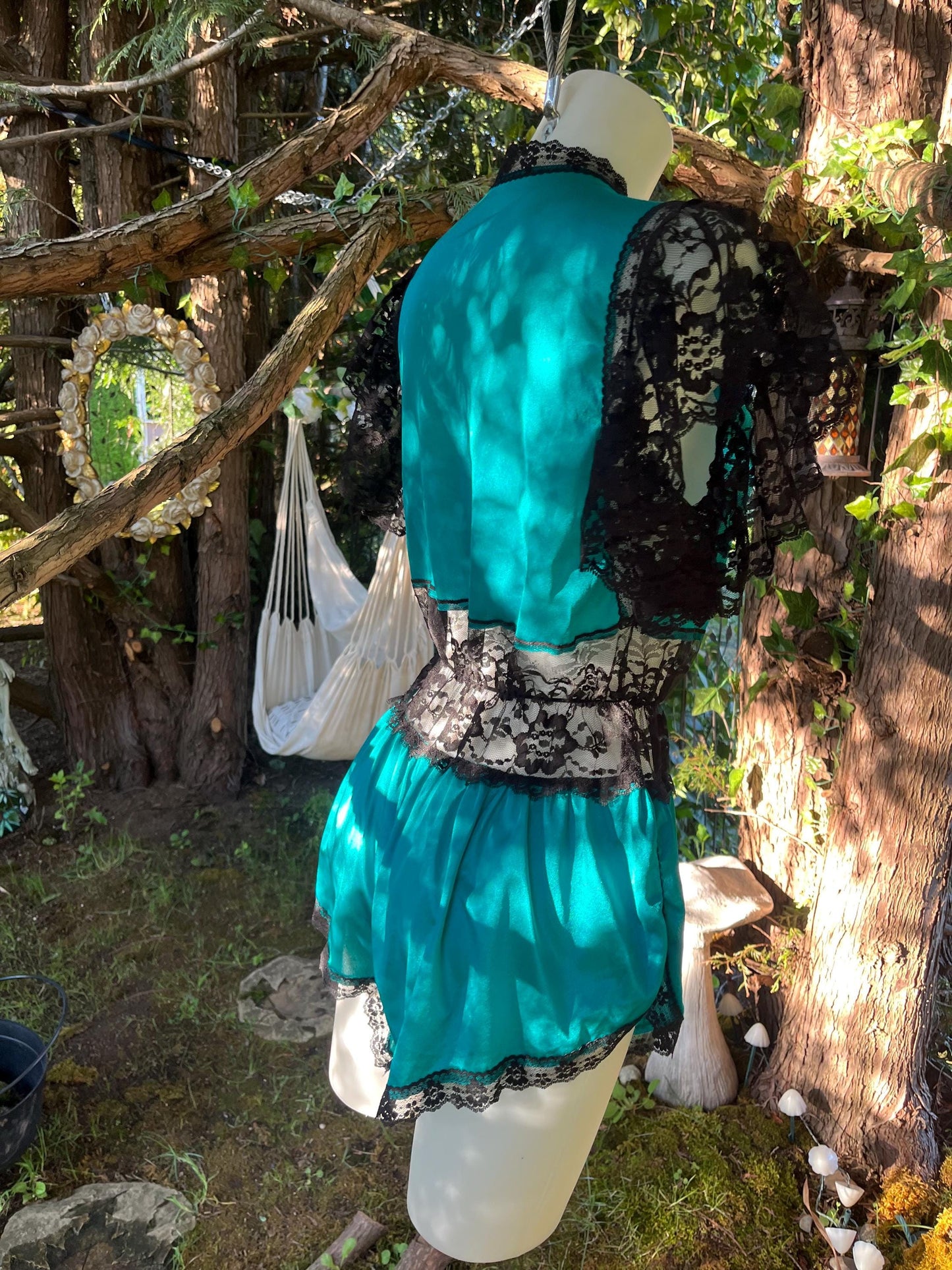 Vintage Teal & Black Lace Romper – Sheer Lingerie Teddy, 80s Boudoir Sleepwear, Dramatic Lace Sleeve One-Piece