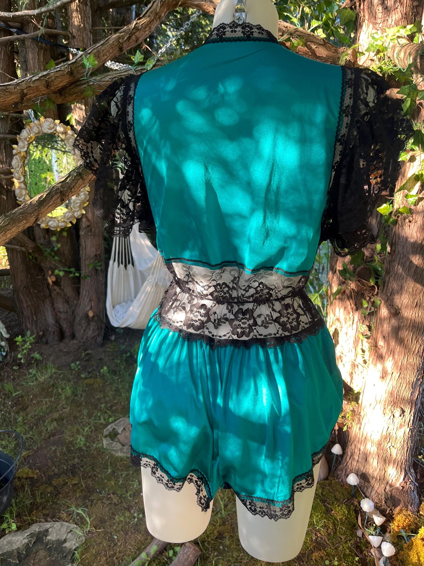 Vintage Teal & Black Lace Romper – Sheer Lingerie Teddy, 80s Boudoir Sleepwear, Dramatic Lace Sleeve One-Piece