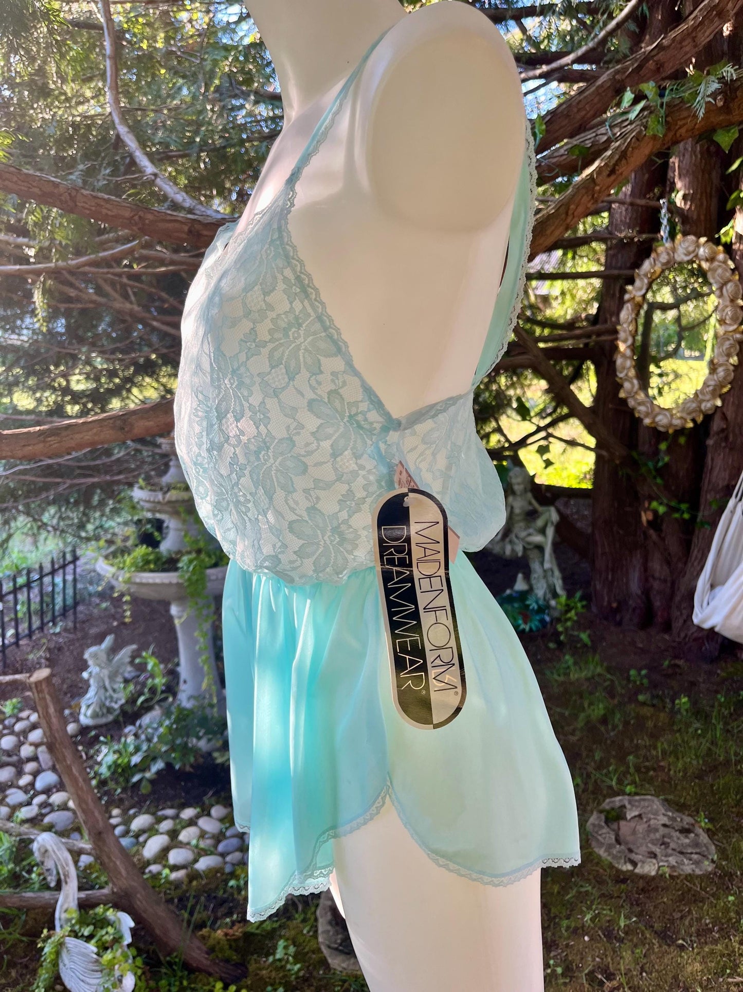 Vintage Aqua Blue Lace Romper – Satin Lingerie Teddy, 90s Sleepwear, Madeform Dreamwear One-Piece, Fairycore Boudoir Outfit