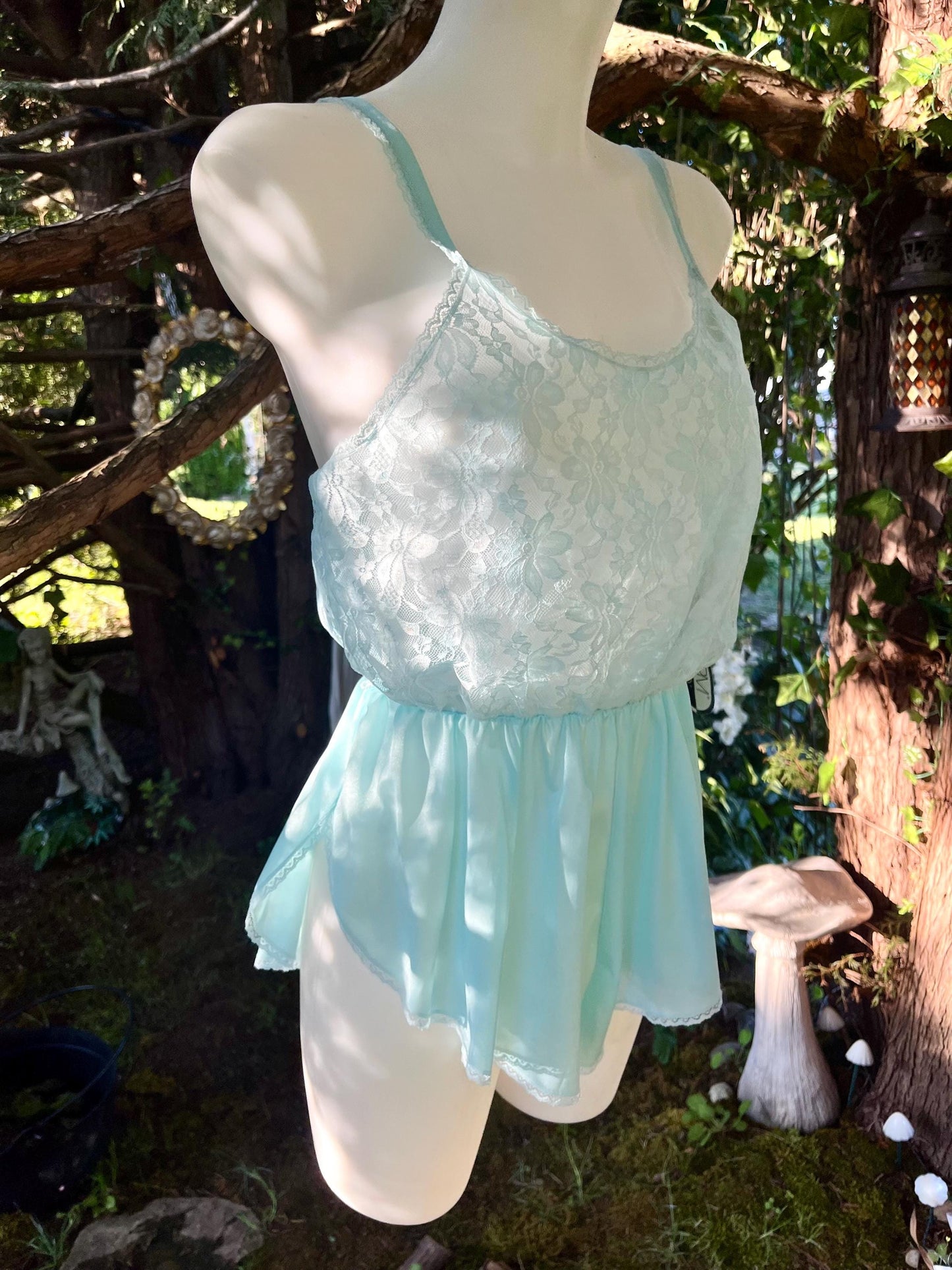 Vintage Aqua Blue Lace Romper – Satin Lingerie Teddy, 90s Sleepwear, Madeform Dreamwear One-Piece, Fairycore Boudoir Outfit