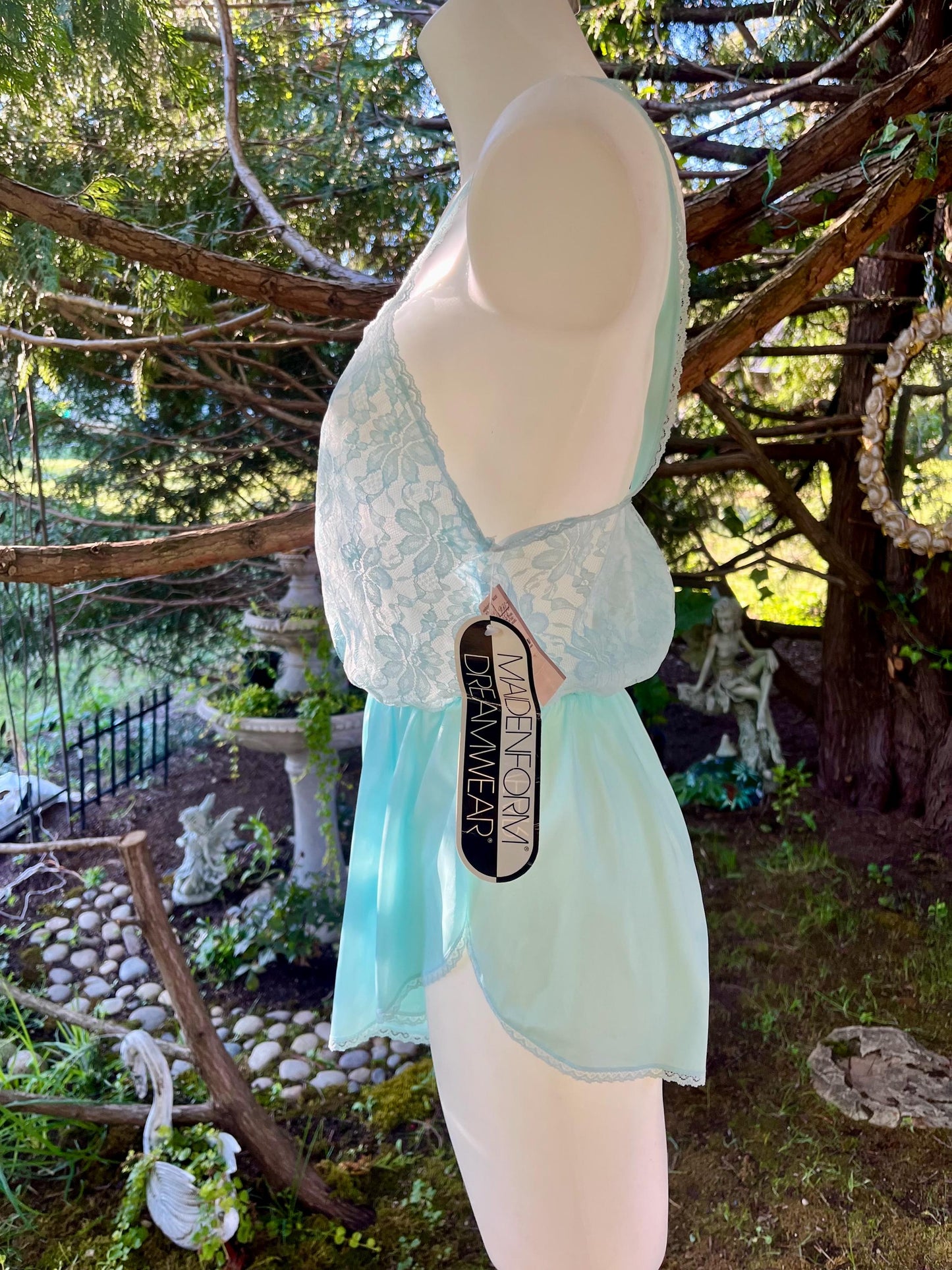 Vintage Aqua Blue Lace Romper – Satin Lingerie Teddy, 90s Sleepwear, Madeform Dreamwear One-Piece, Fairycore Boudoir Outfit