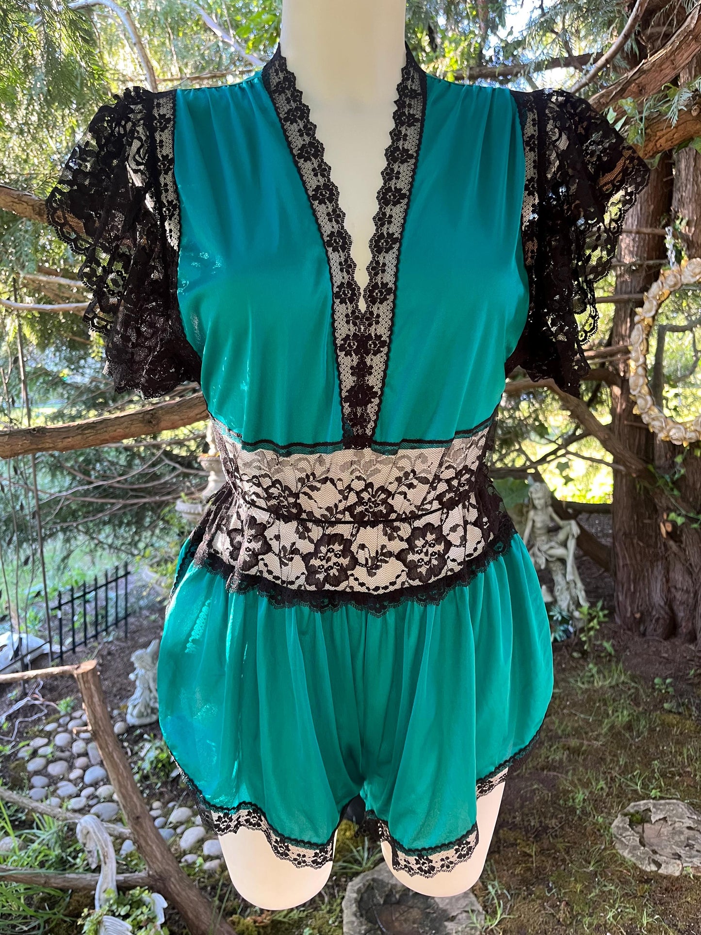 Vintage Teal & Black Lace Romper – Sheer Lingerie Teddy, 80s Boudoir Sleepwear, Dramatic Lace Sleeve One-Piece
