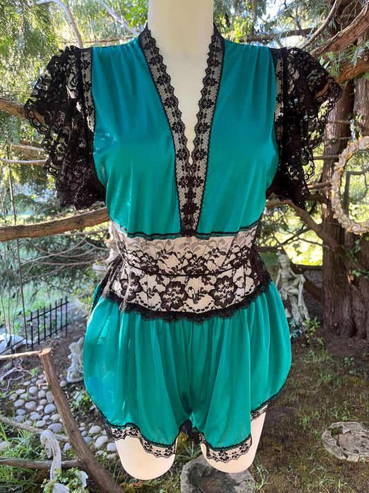Vintage Teal & Black Lace Romper – Sheer Lingerie Teddy, 80s Boudoir Sleepwear, Dramatic Lace Sleeve One-Piece
