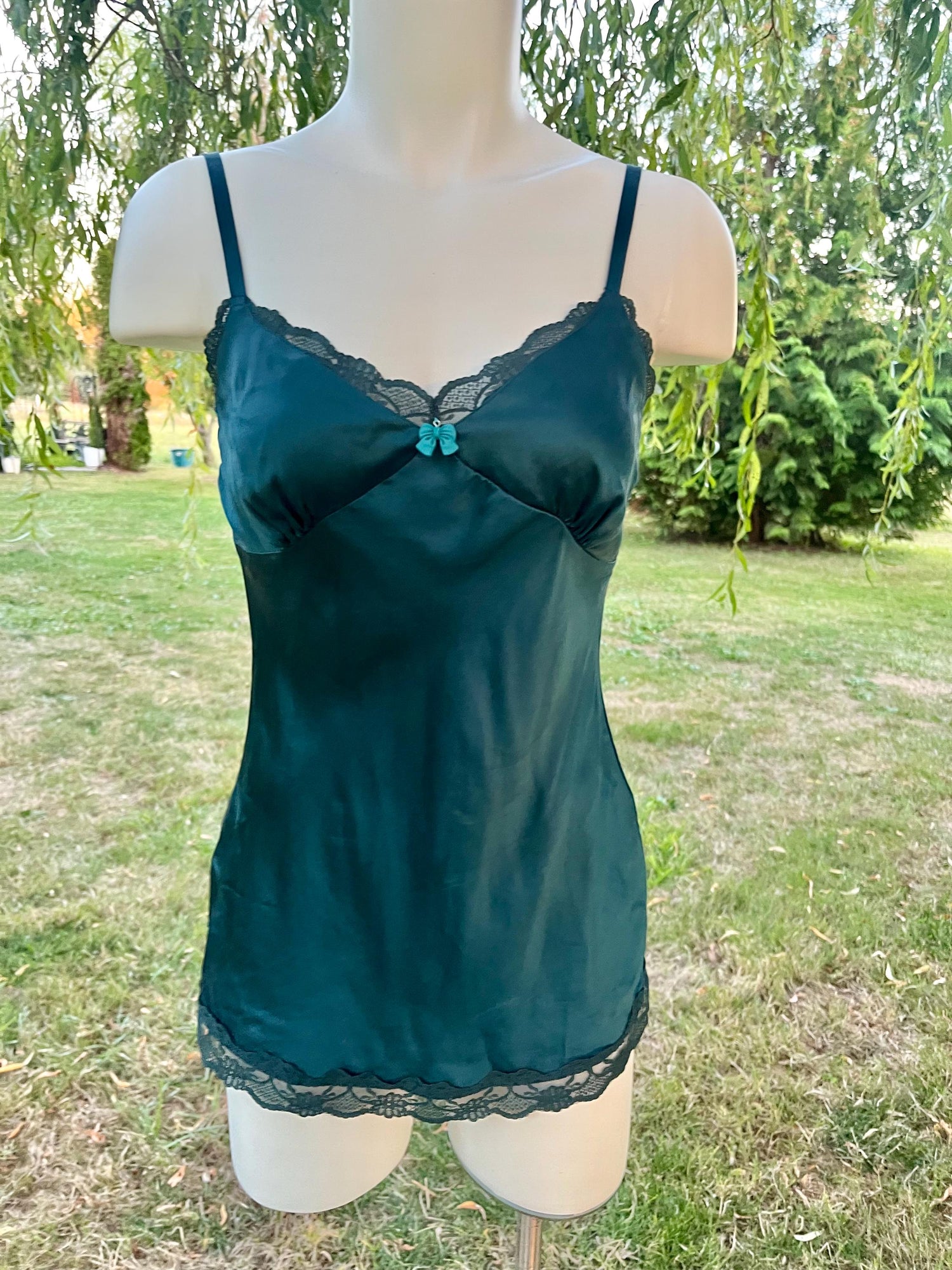 Vintage Teal Silk Slip Dress – Customized Bow Charm, Romantic Nightwear, Boudoir or Layering Slip