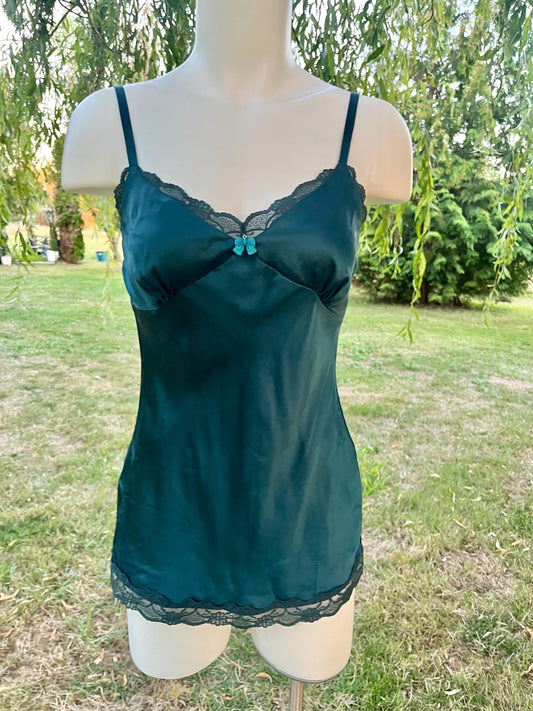 Vintage Teal Silk Slip Dress – Customized Bow Charm, Romantic Nightwear, Boudoir or Layering Slip