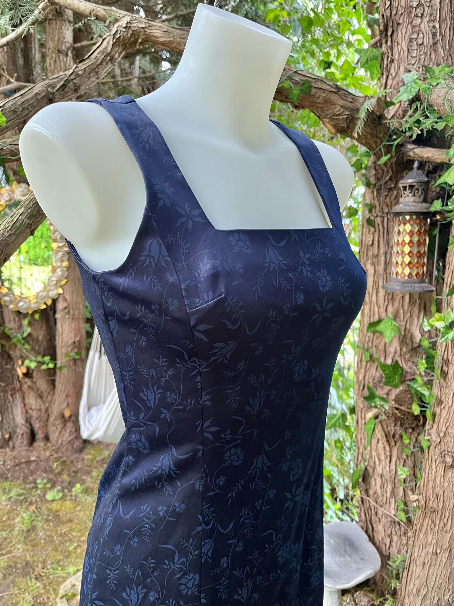 Vintage Navy Floral Brocade Mini Dress – Square Neck 90s Cocktail Dress