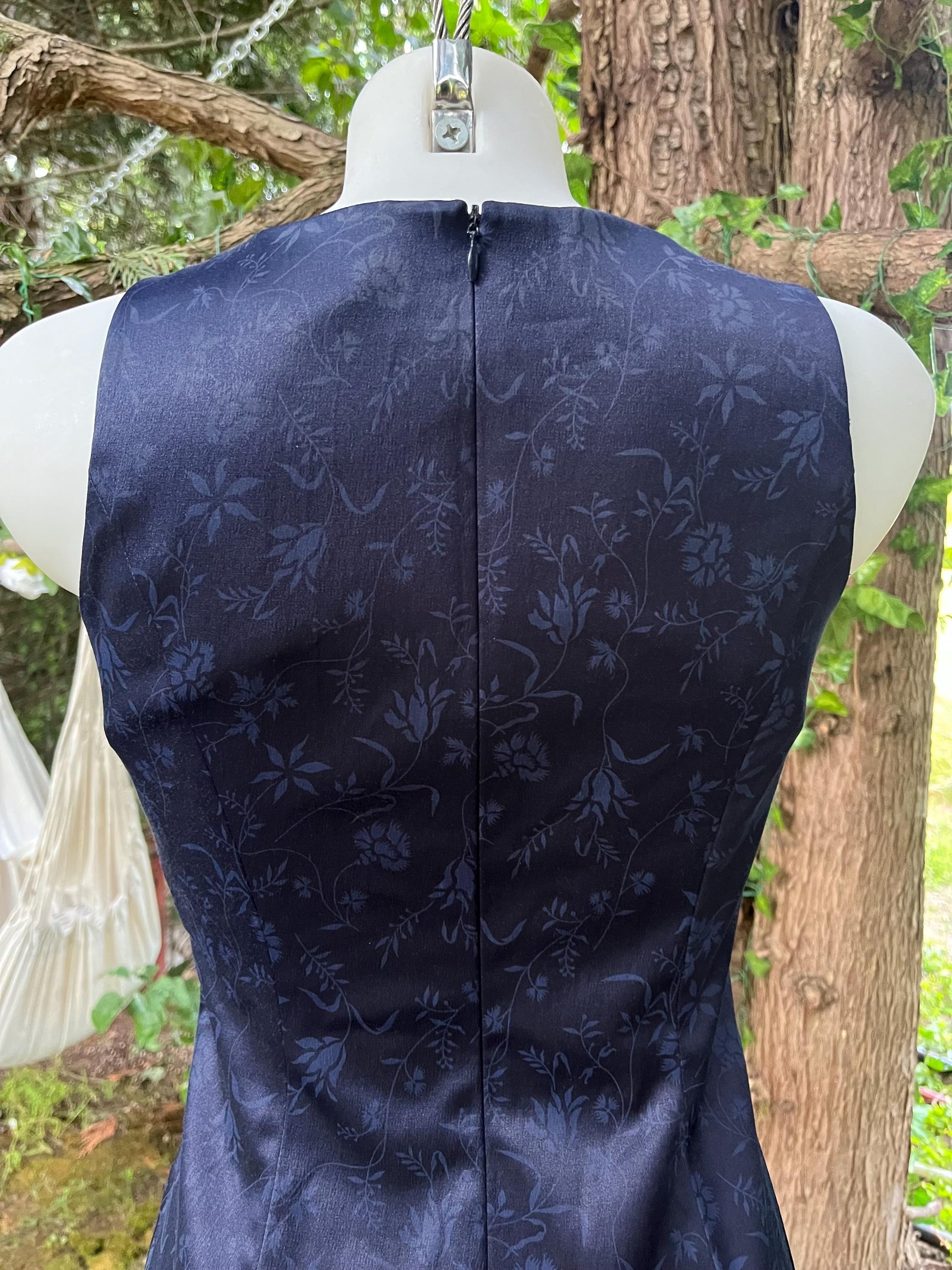 Vintage Navy Floral Brocade Mini Dress – Square Neck 90s Cocktail Dress