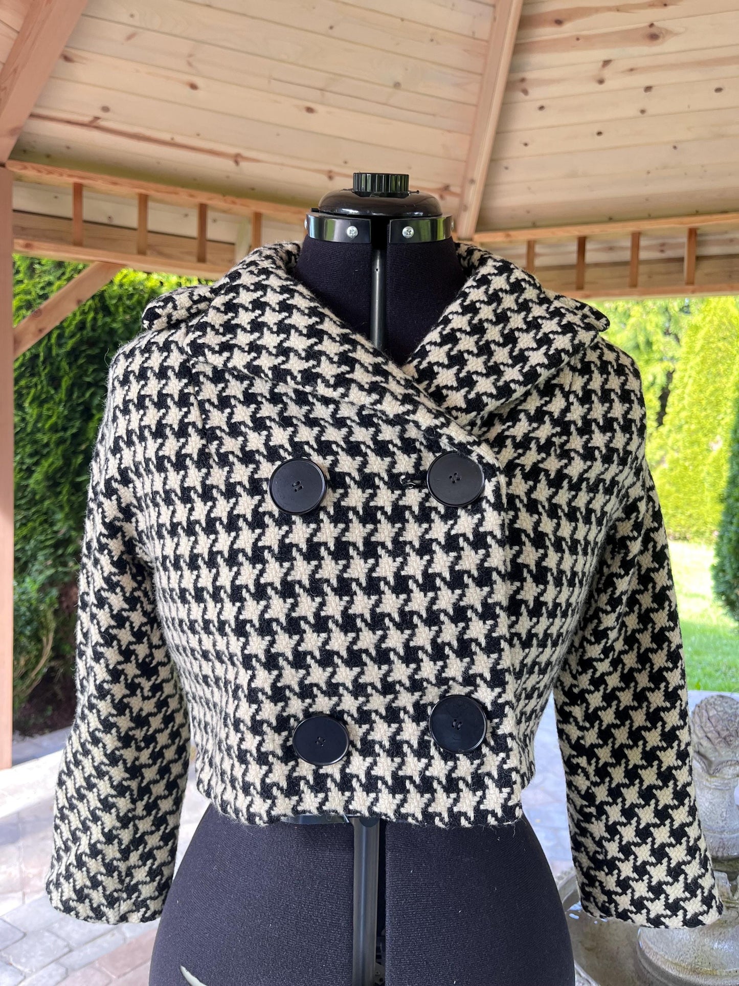 Cropped Vintage Fashionable Houndstooth Wool Jacket