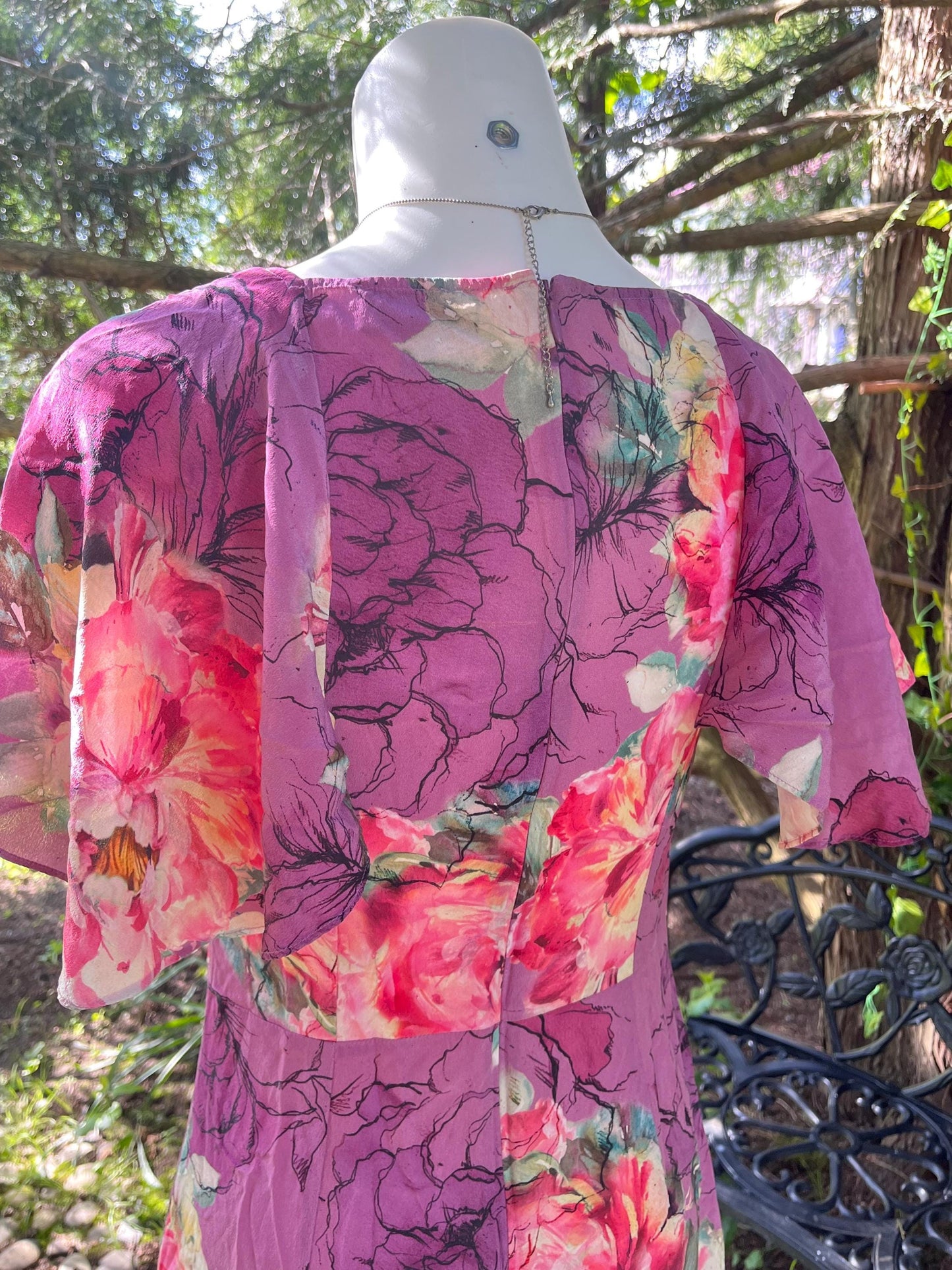 Pink Flower Garden in Silk, Midi Dress.