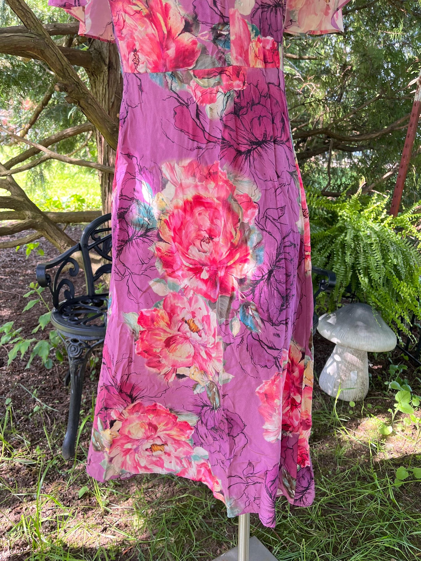 Pink Flower Garden in Silk, Midi Dress.