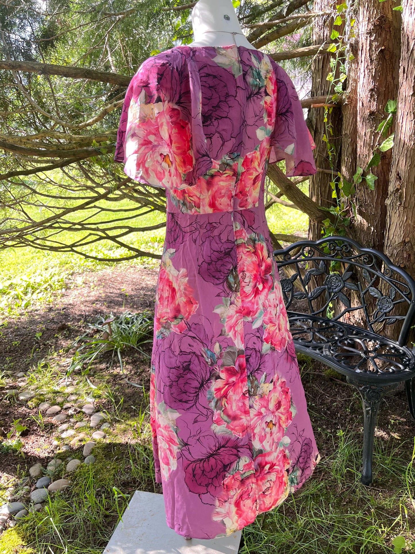Pink Flower Garden in Silk, Midi Dress.