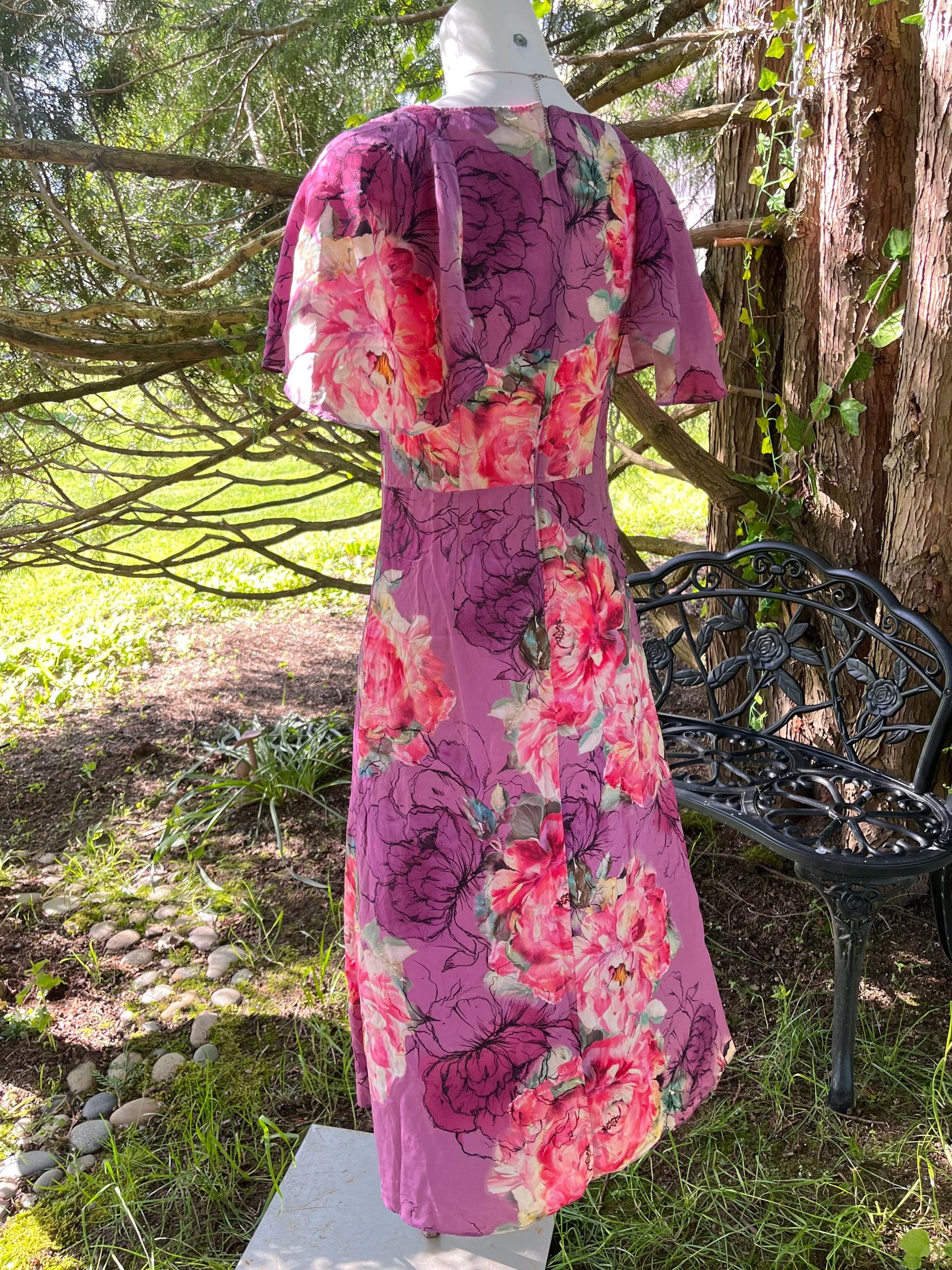 Pink Flower Garden in Silk, Midi Dress.