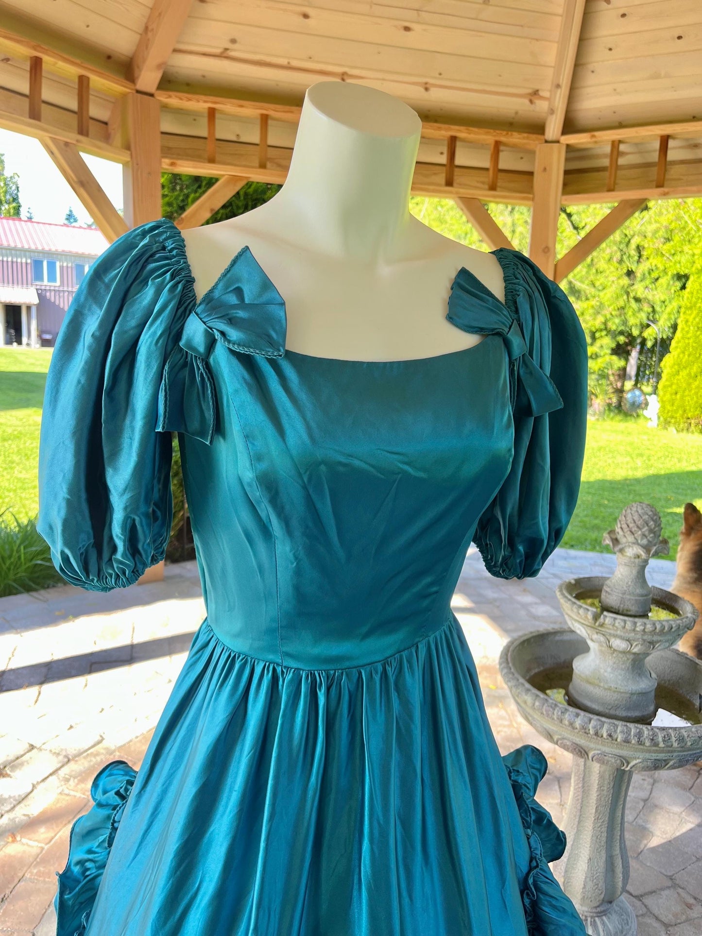 Vintage Peacock Blue Satin Ball Gown With Puff Sleeves