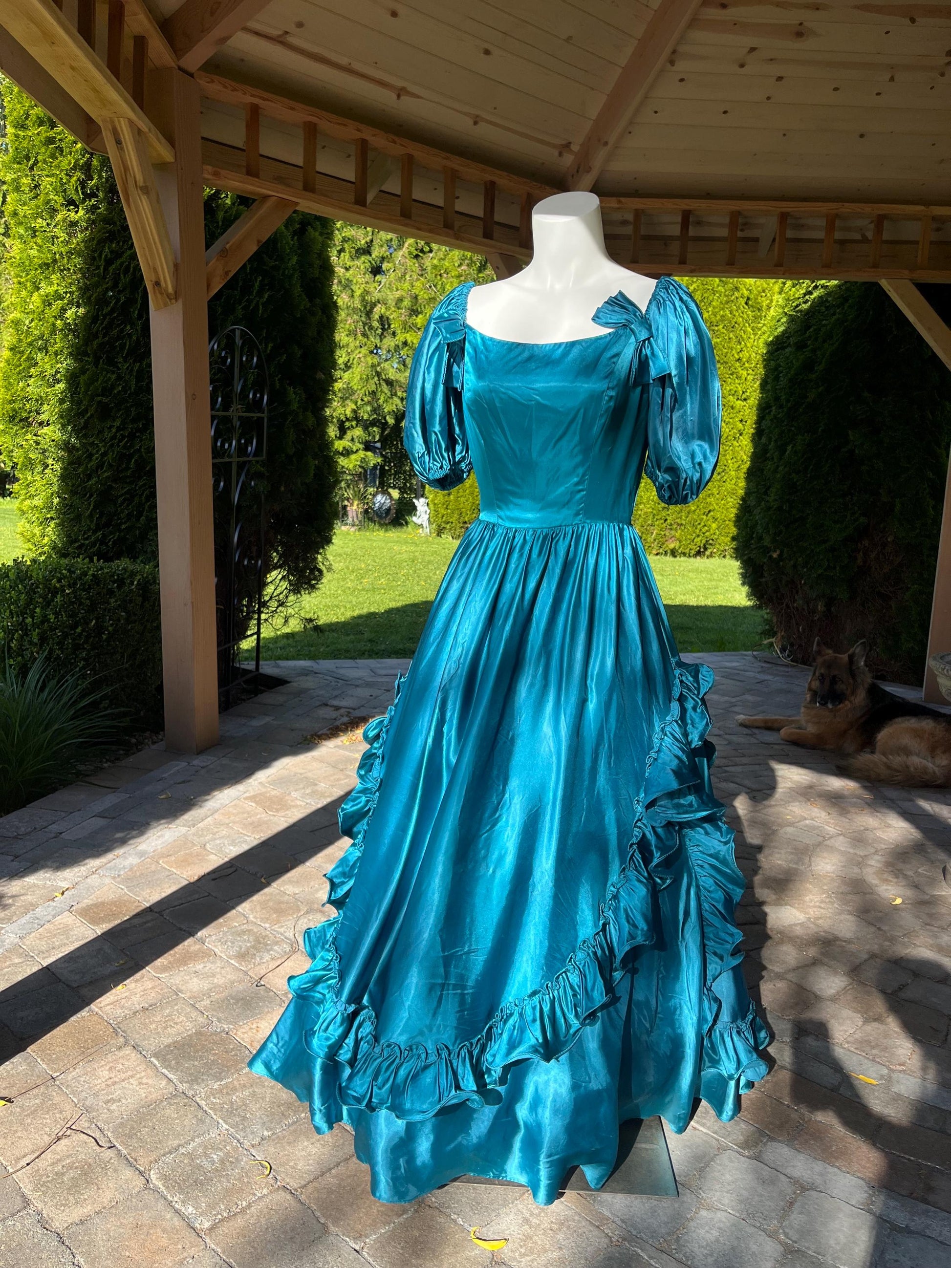 Vintage Peacock Blue Satin Ball Gown With Puff Sleeves