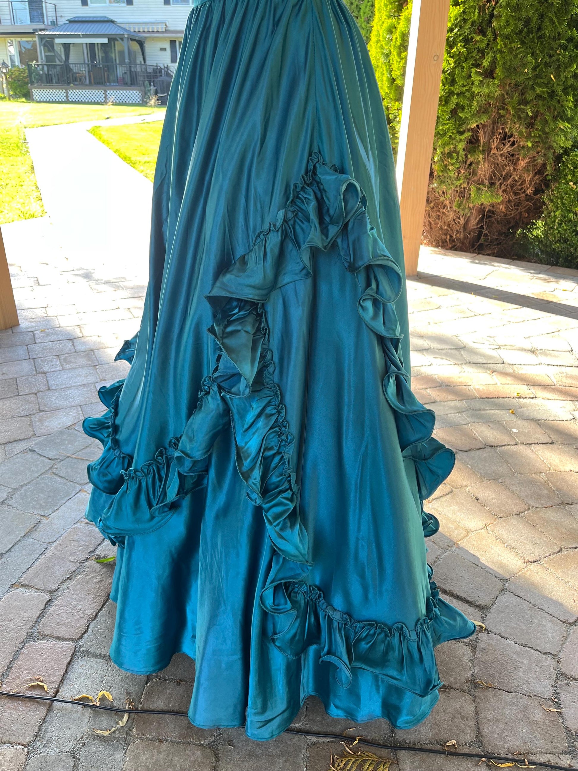 Vintage Peacock Blue Satin Ball Gown With Puff Sleeves