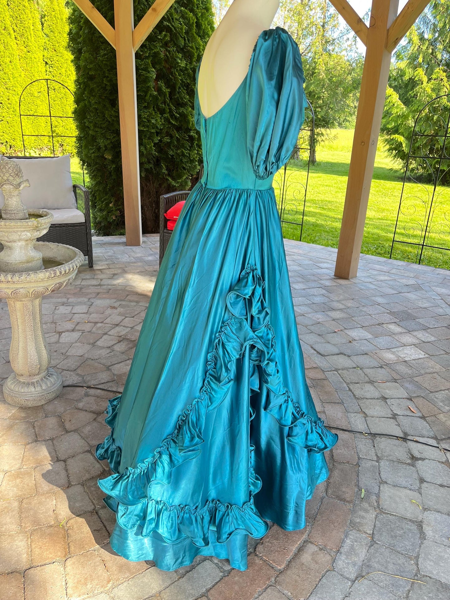 Vintage Peacock Blue Satin Ball Gown With Puff Sleeves