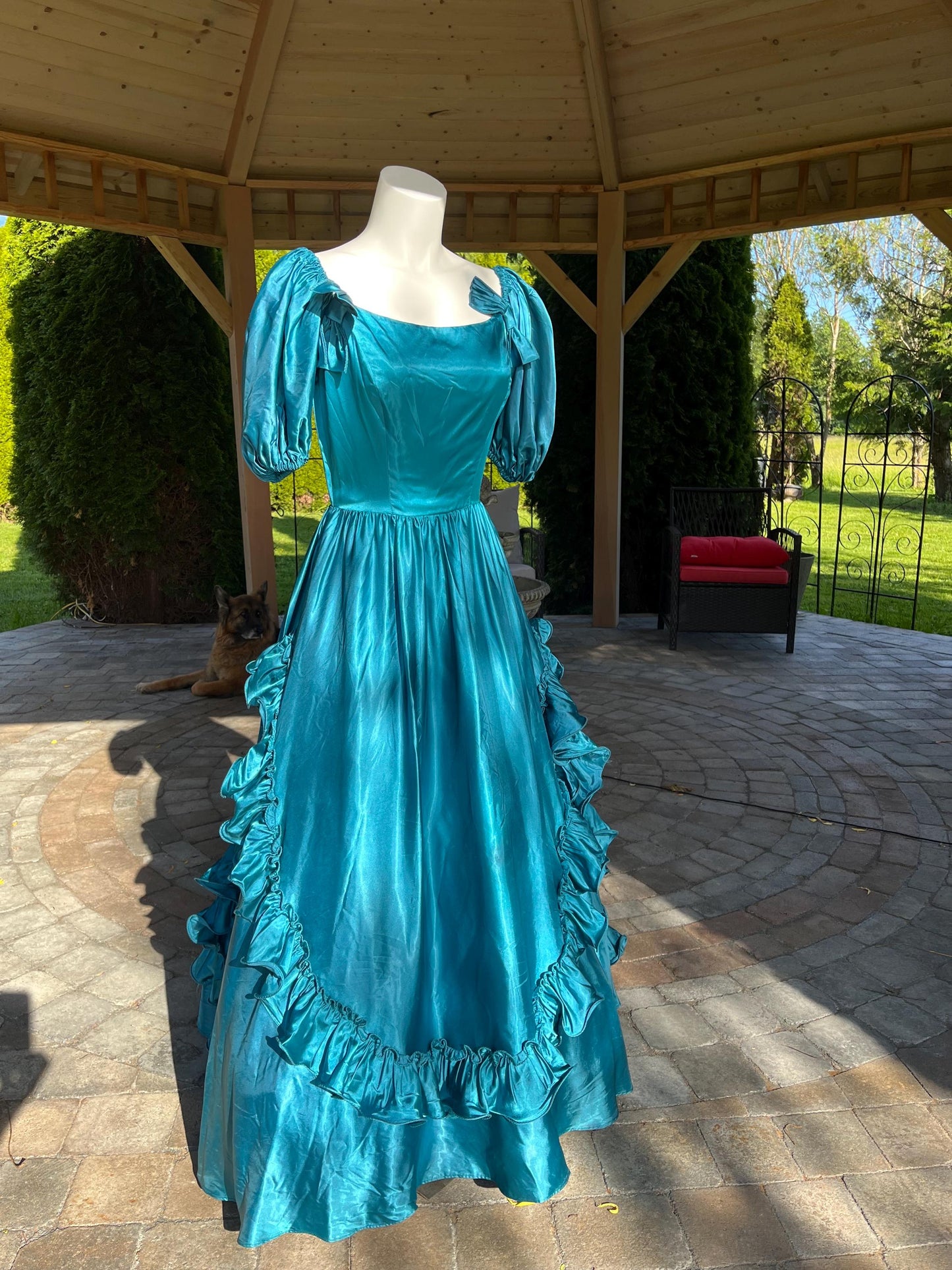 Vintage Peacock Blue Satin Ball Gown With Puff Sleeves