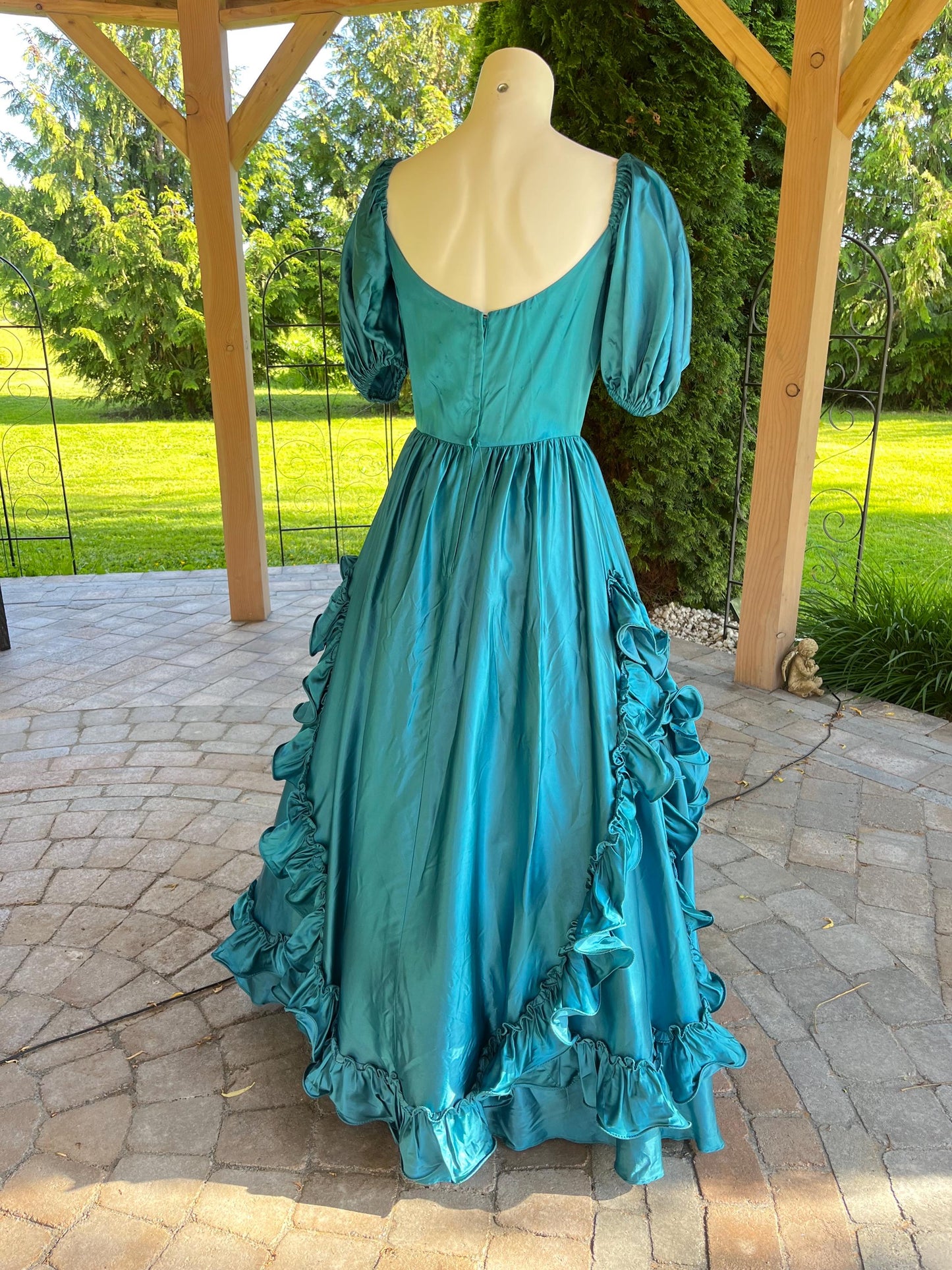 Vintage Peacock Blue Satin Ball Gown With Puff Sleeves
