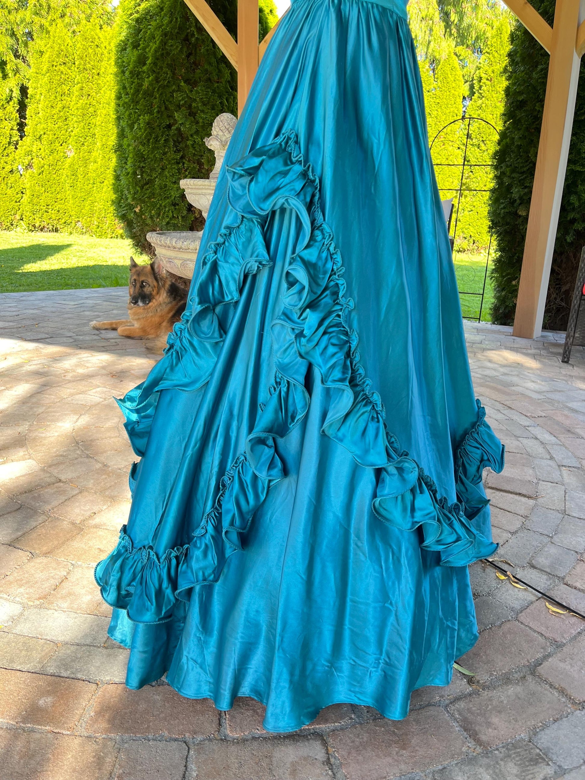 Vintage Peacock Blue Satin Ball Gown With Puff Sleeves