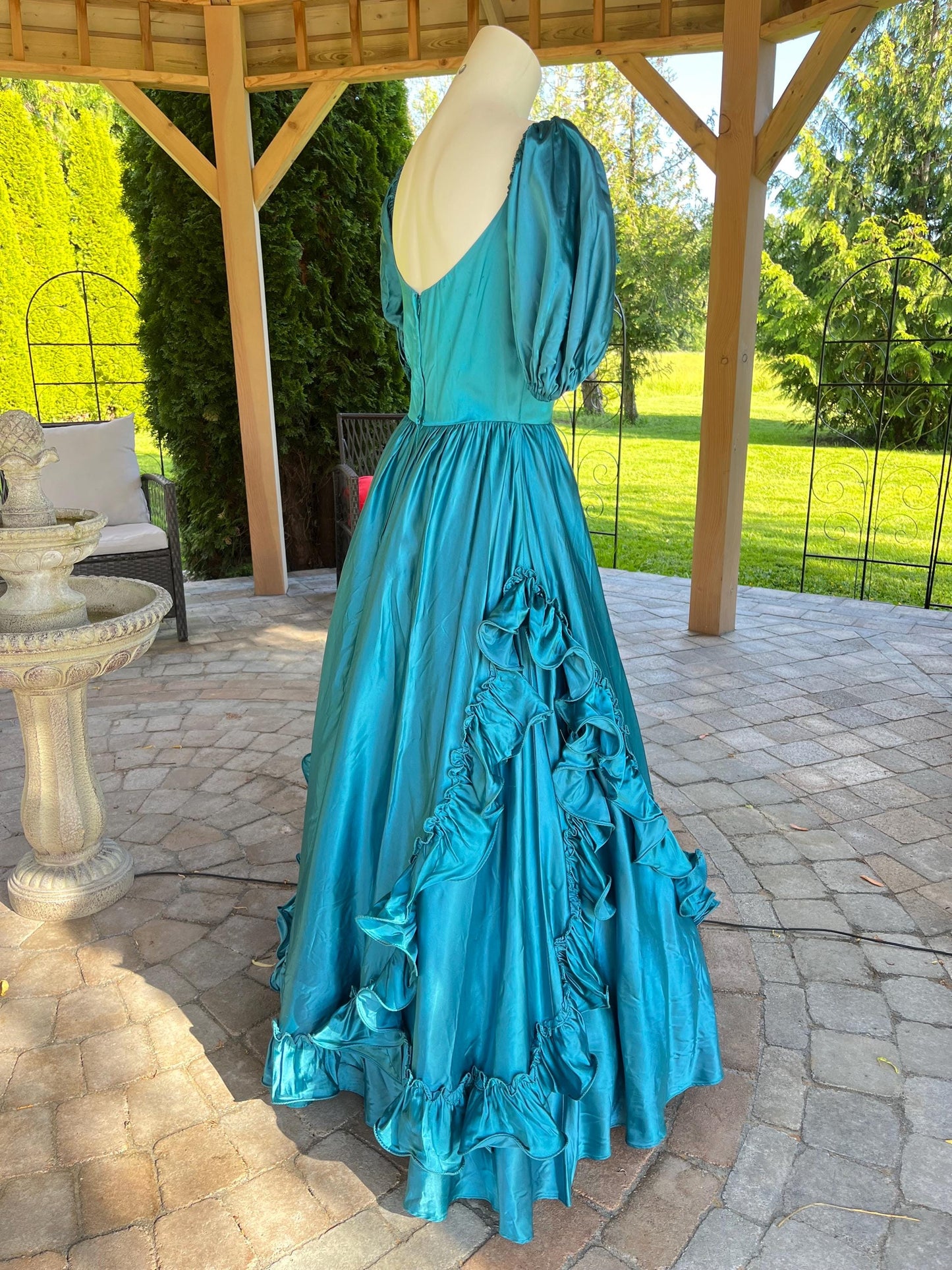 Vintage Peacock Blue Satin Ball Gown With Puff Sleeves
