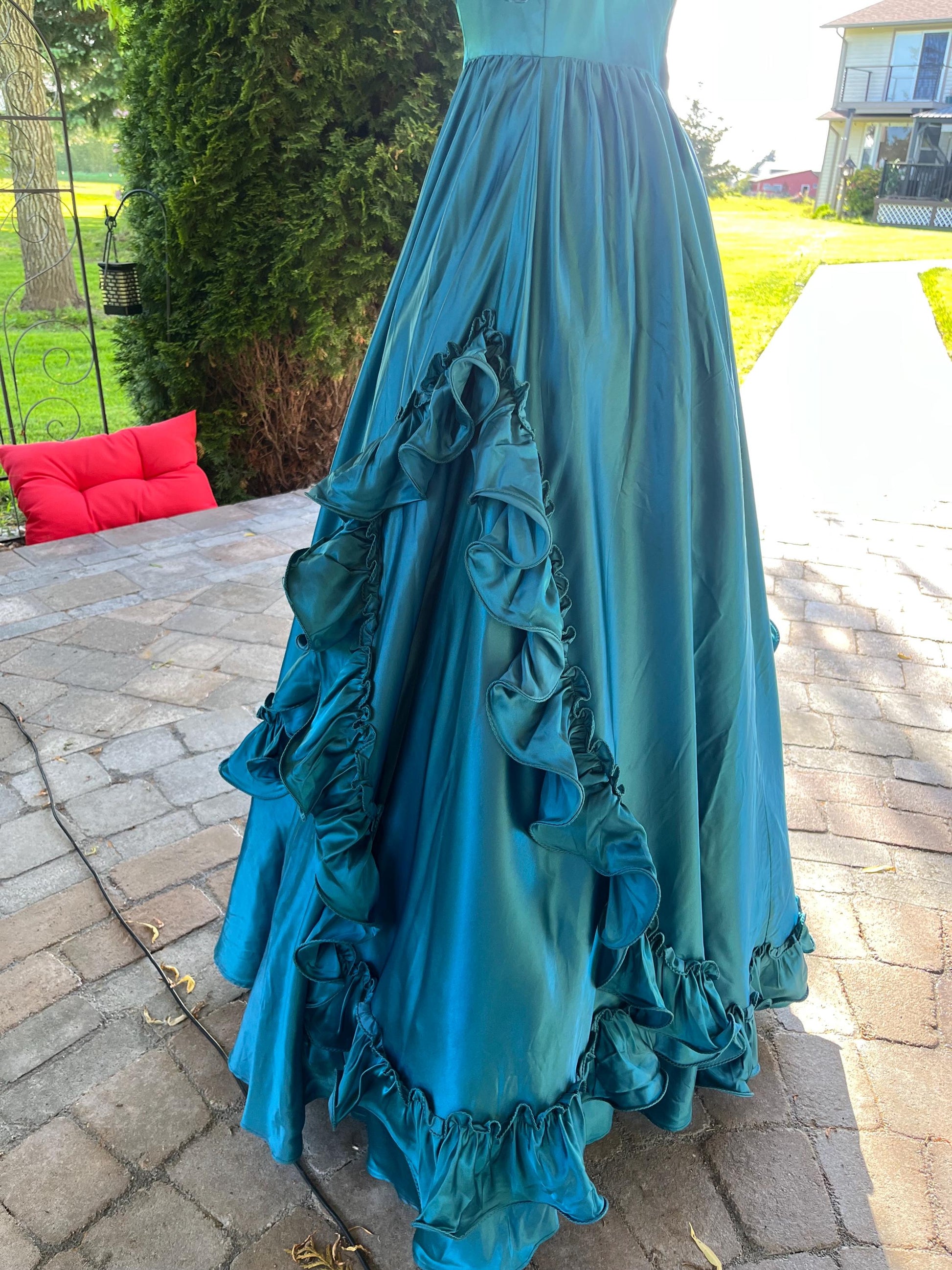 Vintage Peacock Blue Satin Ball Gown With Puff Sleeves