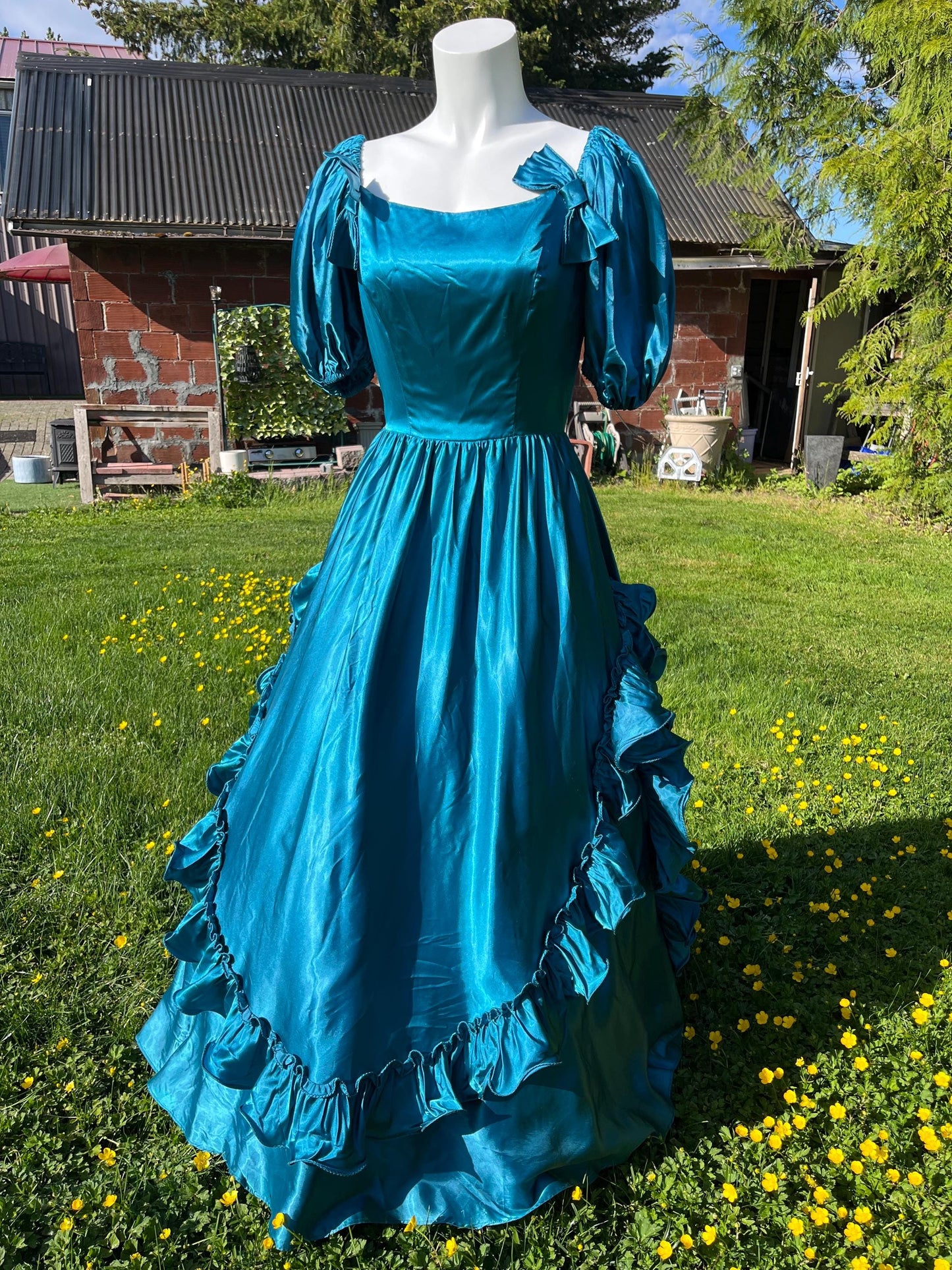 Vintage Peacock Blue Satin Ball Gown With Puff Sleeves