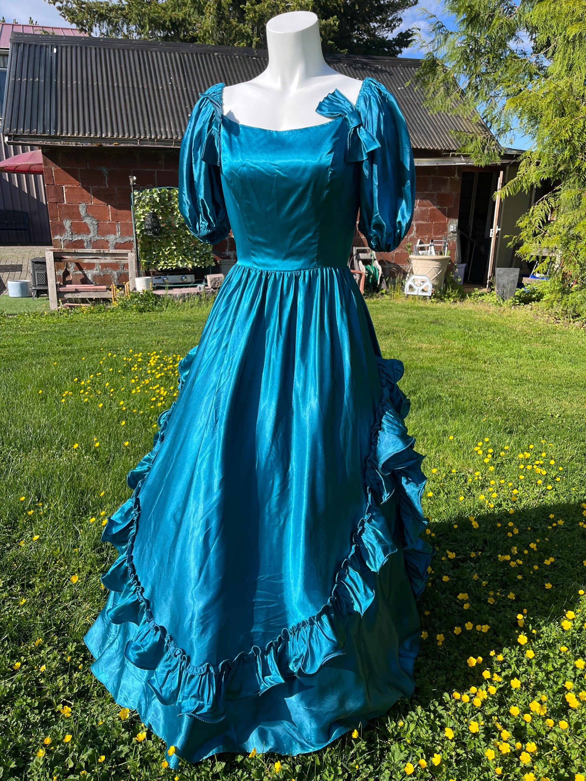 Vintage Peacock Blue Satin Ball Gown With Puff Sleeves