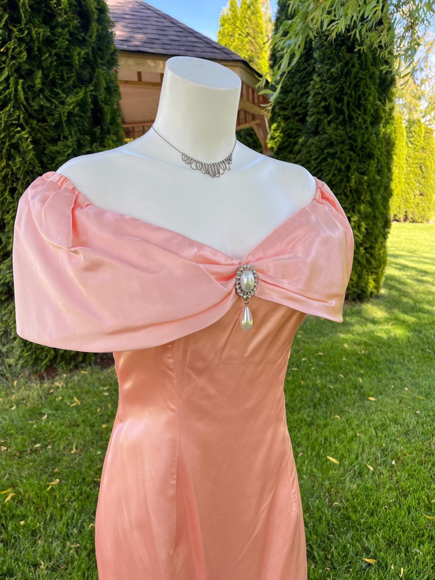 Peach Satin Off Shoulder Evening Dress with Pearl Detailing