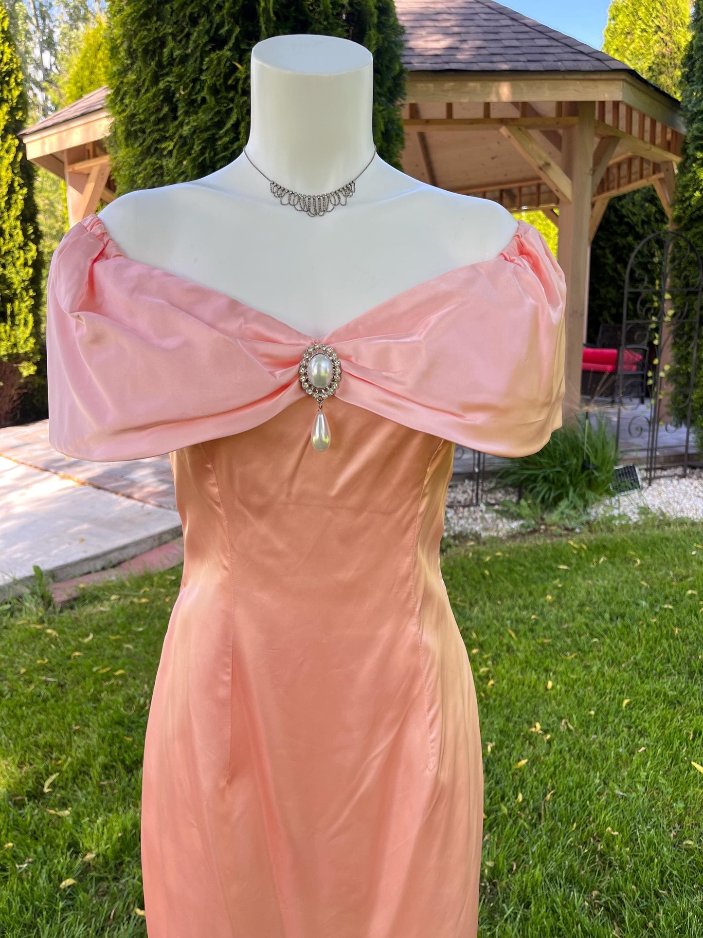 Peach Satin Off Shoulder Evening Dress with Pearl Detailing